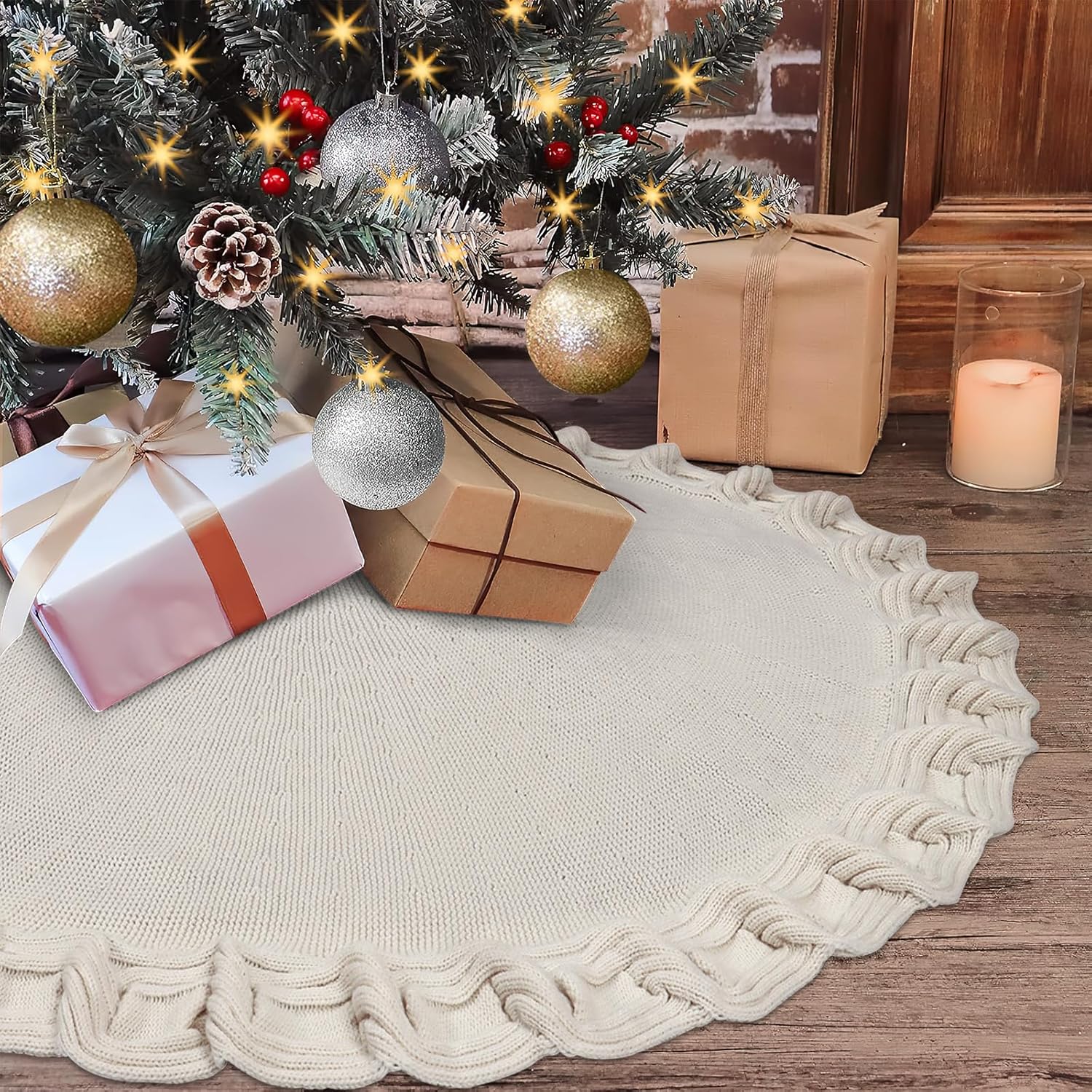 Weldomcor Knit Christmas Tree Skirt, White Xmas Tree Skirt 36 Inches Large Vintage Boho Knitted Ivory Under Tree Rug Skirt Rustic Farmhouse Decorations for New Year Holiday Party Indoor Home Decor