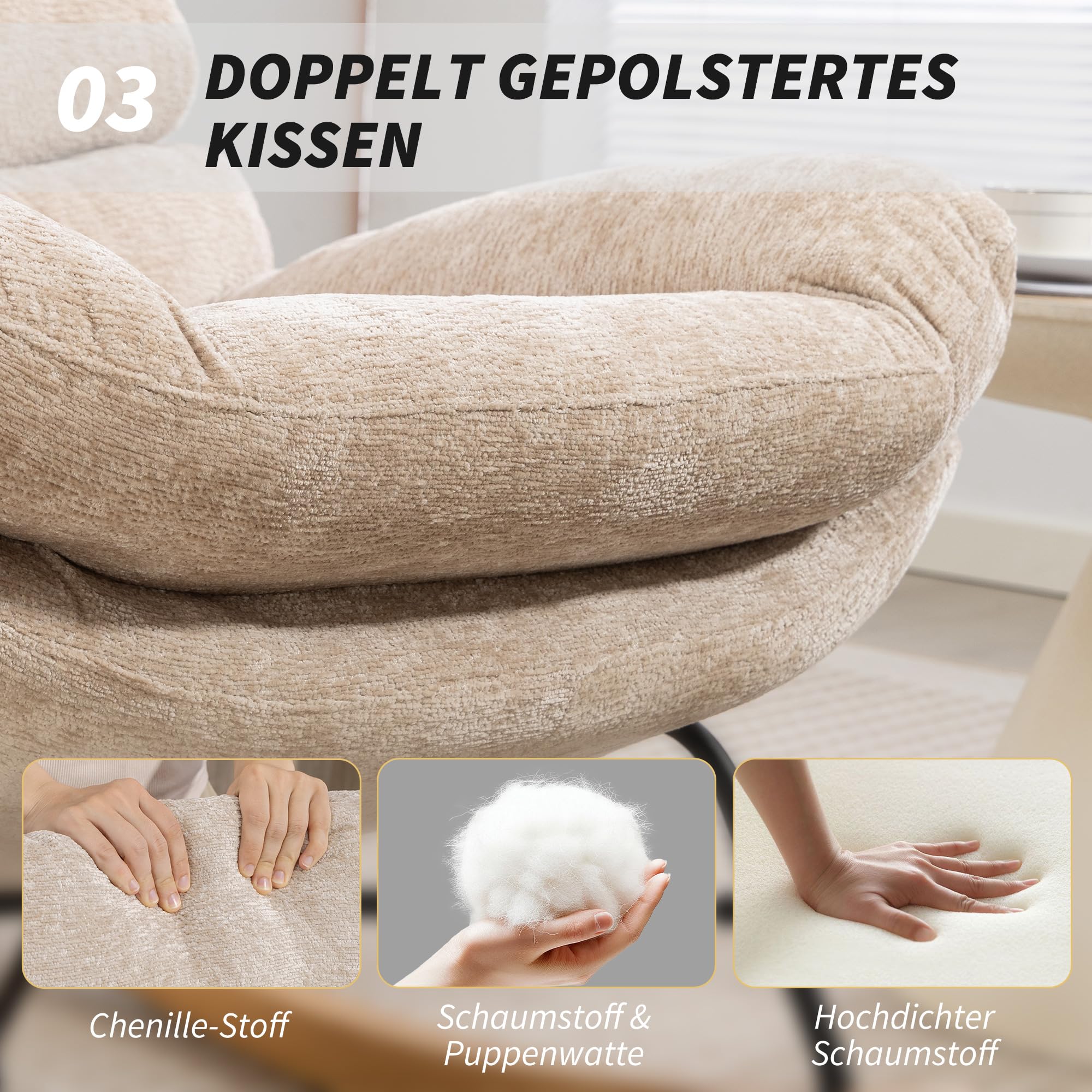 HOMCOM Schaukelstuhl Schaukelsessel mit Rückenlehne Schneidersitz Sessel, gepolstert Relaxsessel mit Chenille-Optik, Holzgestell Schwingsessel, Lesesessel für Wohnzimmer, Cremeweiß