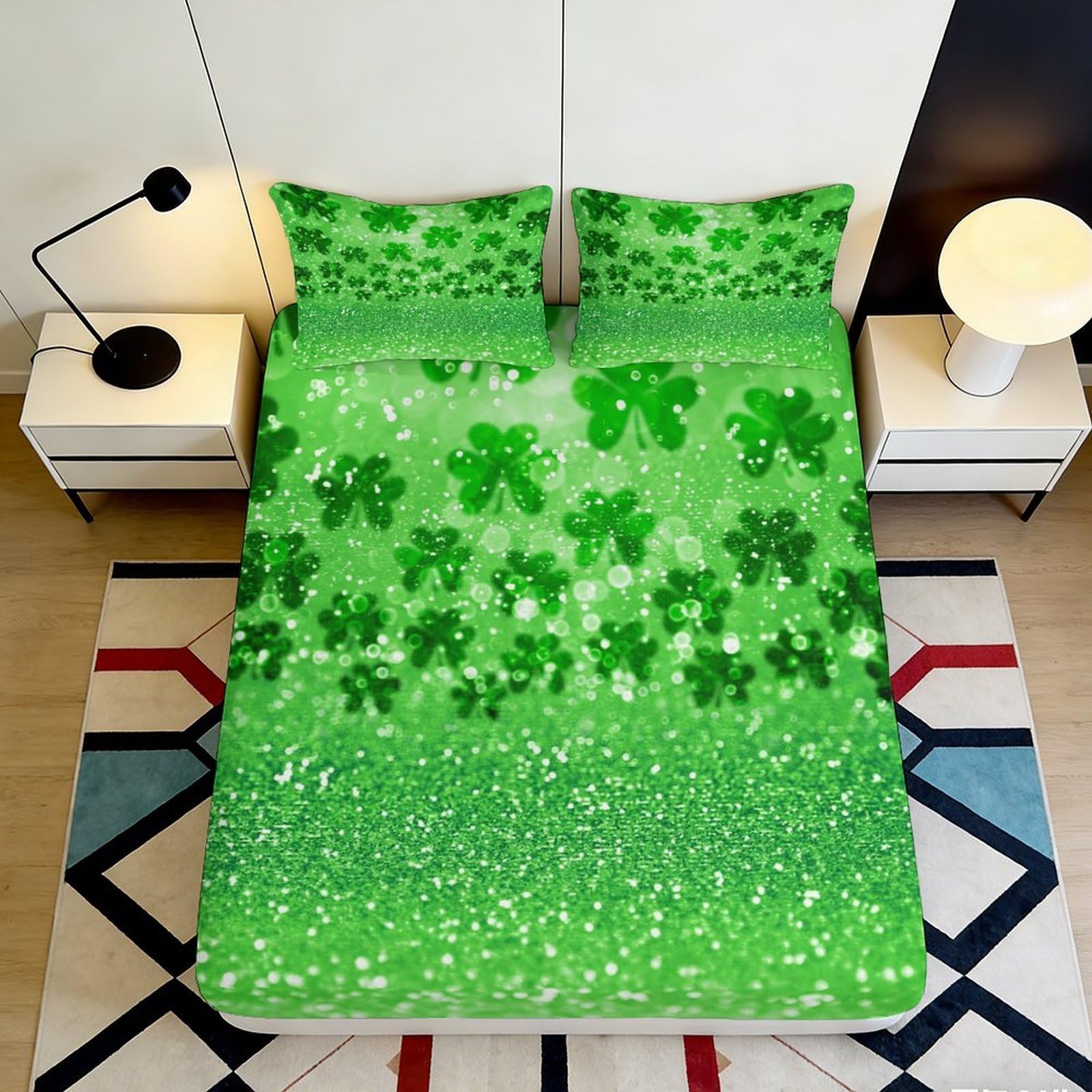 3D Printed Clover Leaf Fitted Sheet Microfiber Soft Green Shamrock Mattress Cover for Bedroom Dorm Decor Protection 90x200x25cm