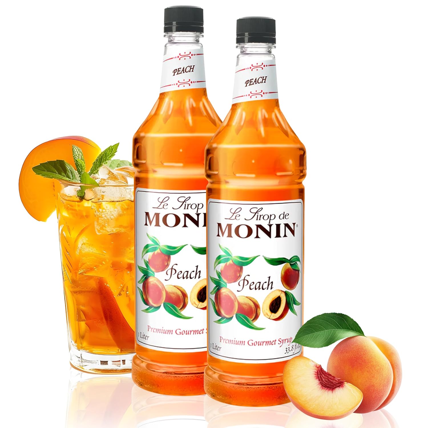 Monin Peach Syrup 1L (2-pack), non-GMO, gluten-free