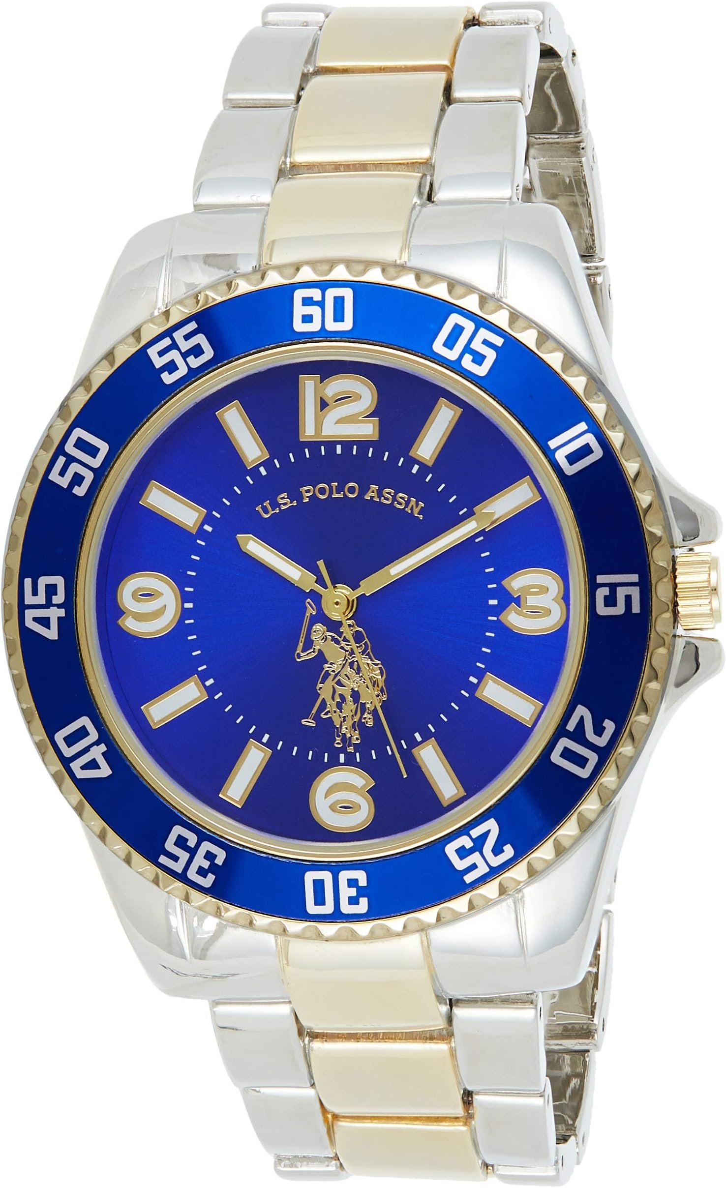 U.S. Polo Assn. Men's Two-Tone Watch with Royal Blue Dial and Fold-Over Clasp – Gold and Silver Metal Bracelet Quartz Analog Timepiece Fits Wrists 5.5"-8" with 45mm Case