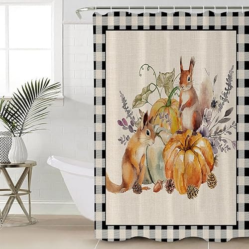 Miniatura 3 de Cortina de ducha a cuadros de búfalo negro calabaza para baño, cortinas de baño con girasoles y ardillas con ganchos, tela de poliéster impermeable,