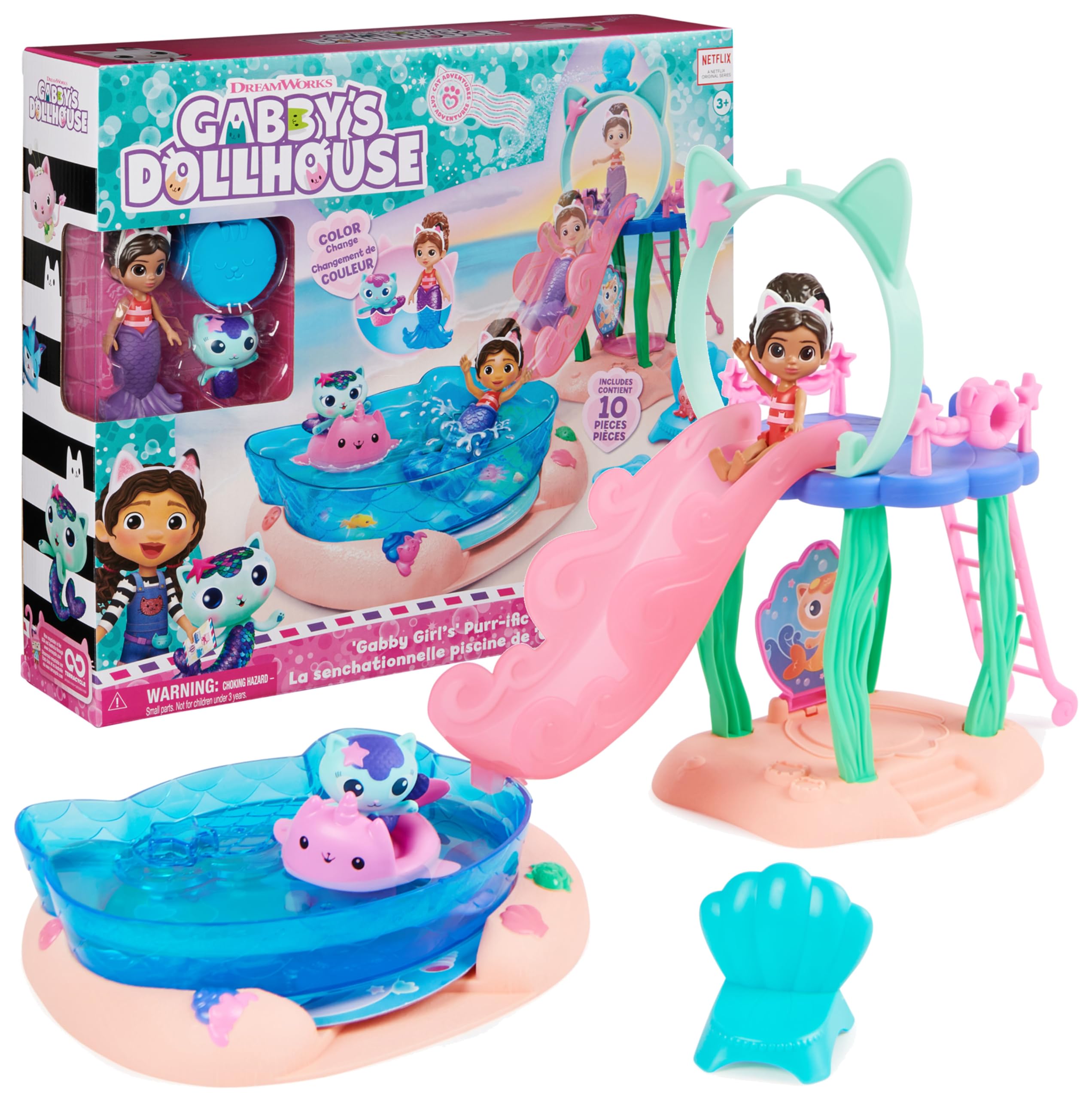 LA CASA DE MUÑECAS DE GABBY - Piscina con Figura de Gabby y Siregata, Colas de Sirena que Cambian de Color y Accesorios de Piscina - 6067878 - Juguetes Niñas 3 Años + Regalo Niña 3 años +