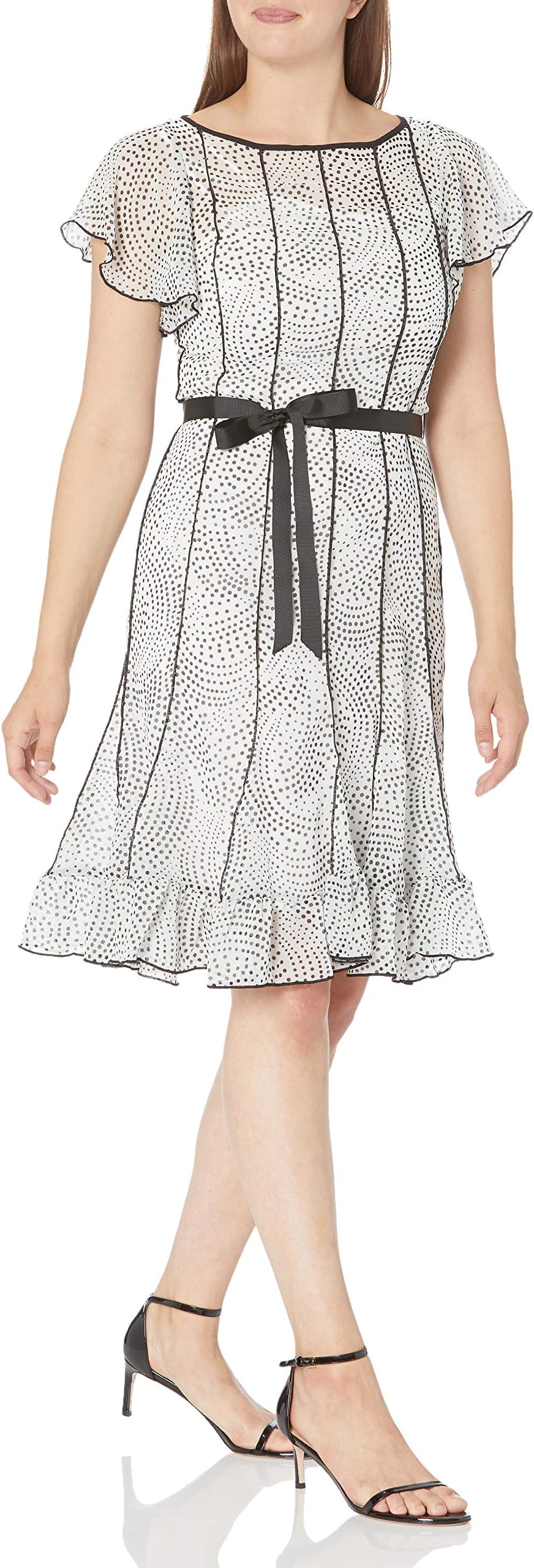 Sandra Darren womens 1 PC Flutter Sleeve Printed Georgette Belted Flare Dress Business Casual Dress