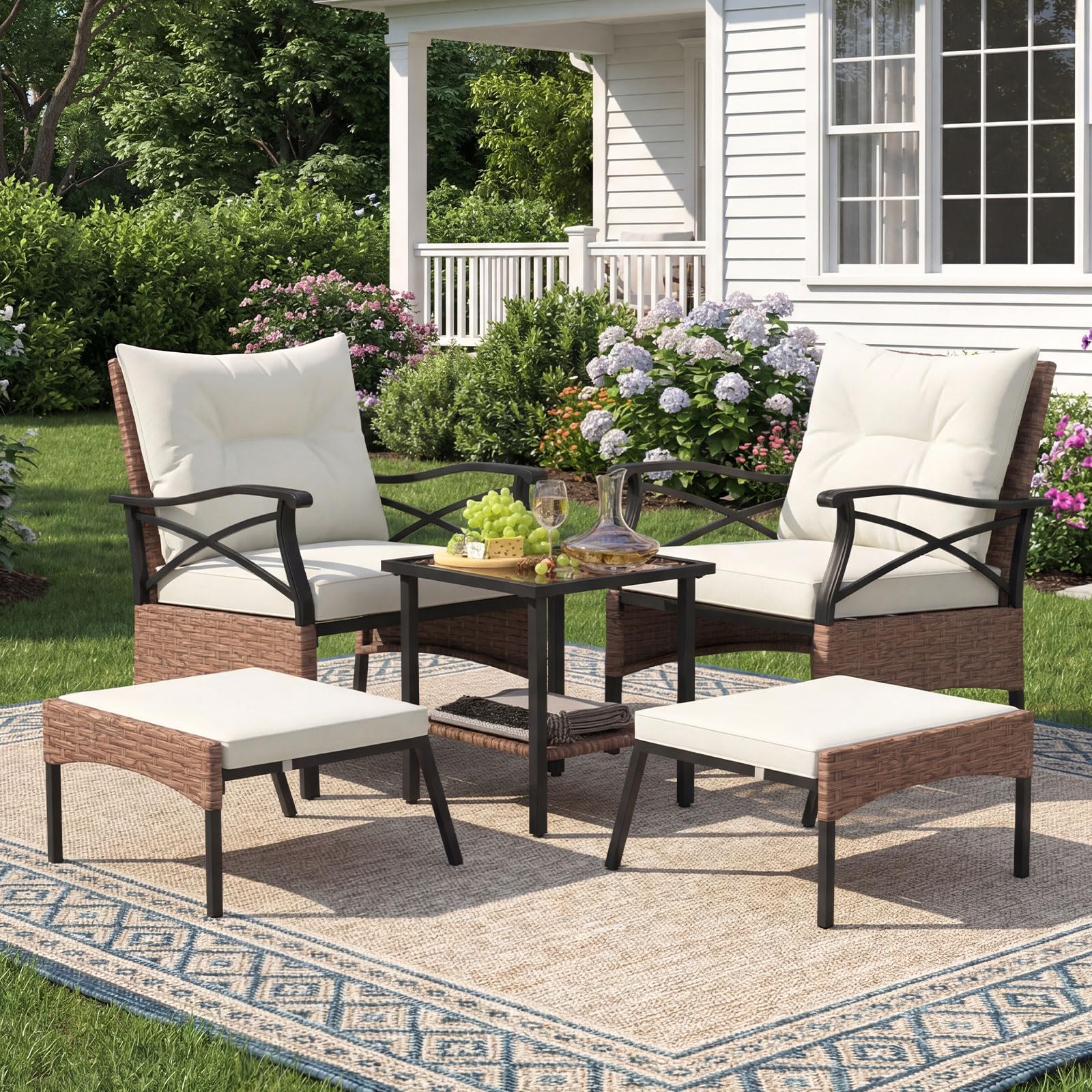COSTWAY Rattan Gartenmöbel Set, 5-teiliges Balkonmöbel, Balkonset inkl. 2 Stühle mit Kissen, Hocker & Tisch, Terrassenmöbel, Gartengarnitur, Sitzgruppe für Garten, Balkon, Terrasse (Braun + Beige)
