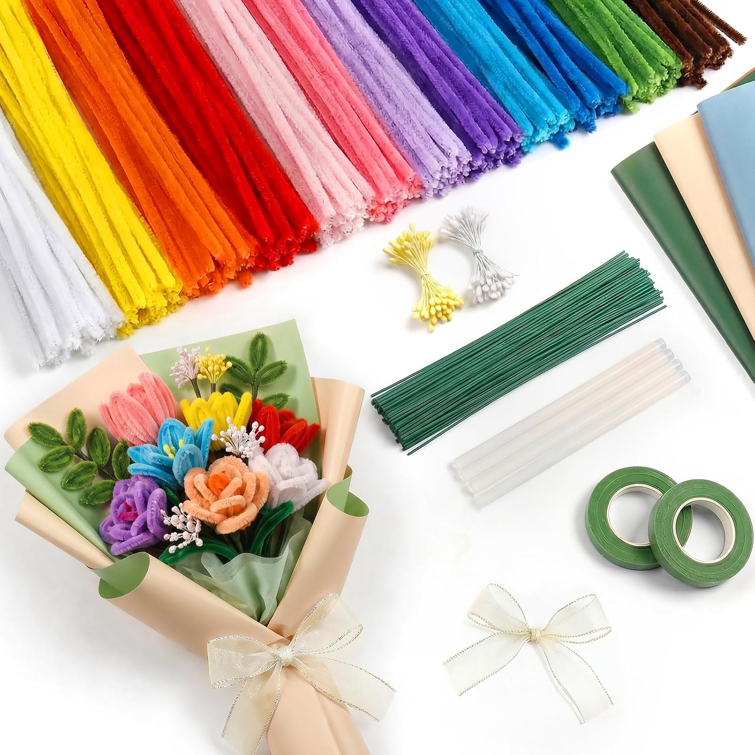 JZUCZV Pipe Cleaner Flower Kit – Chenille Stems & Floral Wires with 15 Designs Step-by-Step Guide Book, DIY Flower Making Craft Set for Bouquets, Party Decor & Creative Family Fun (540pcs+Glue Guns)