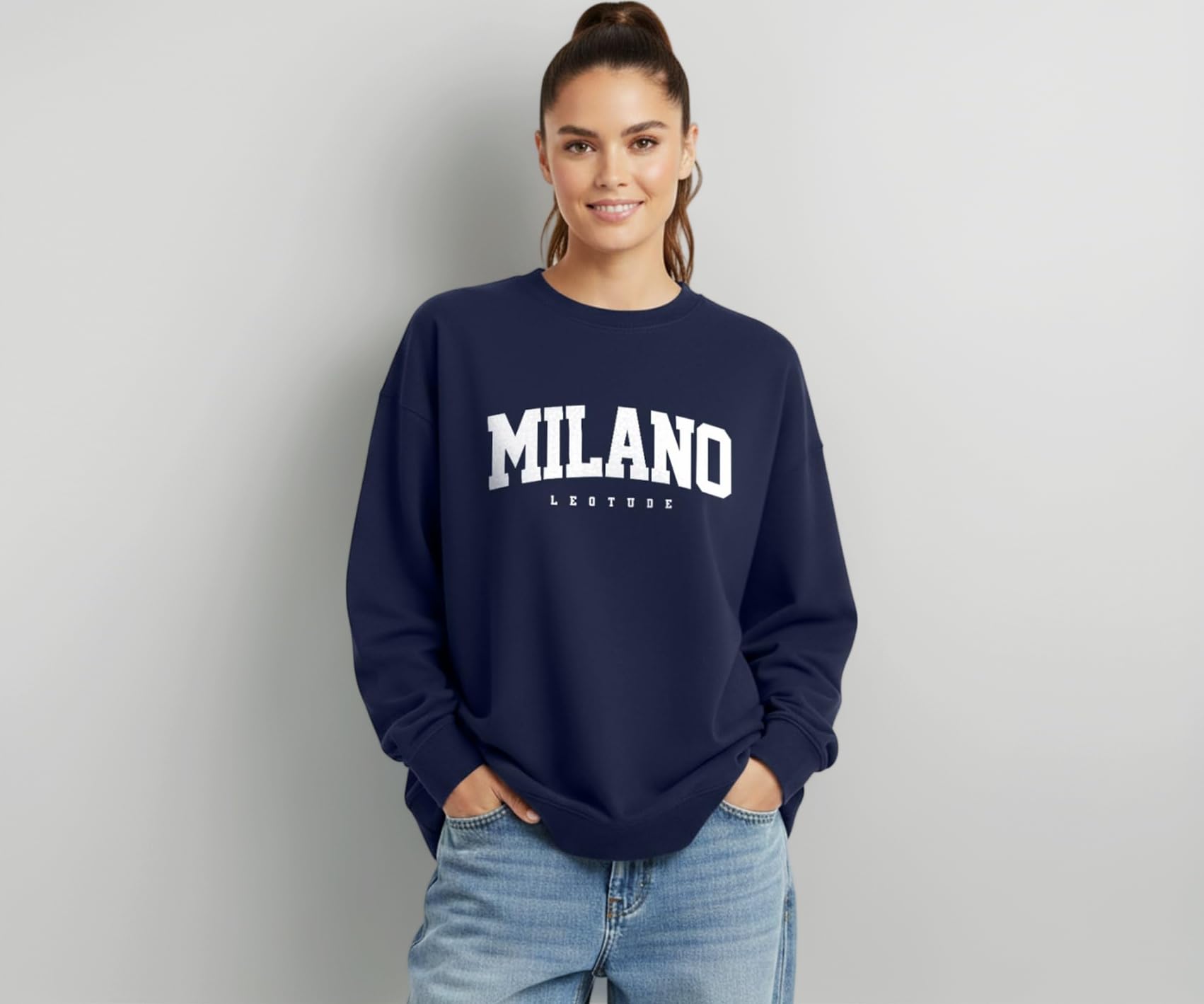 Women's Boyfriend/Loose Fit Full Sleeve Drop Shoulder Loopknit Round Neck Sweatshirt (Color Navy)