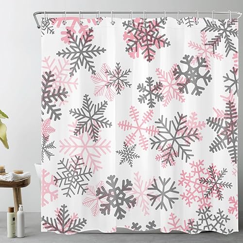 Miniatura 2 de EOBTAIN Cortina de ducha de invierno con copos de nieve para baño, divertido patrón de copos de nieve rosa y gris, cortina de ducha de tela blanca