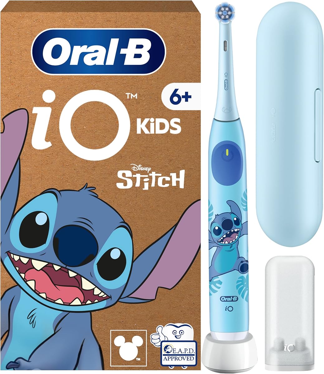 Oral-B iO Kids Disney Stitch Brosse A Dents Electrique Pour Enfants Dès 6 Ans plus, Brossage En Douceur Avec 3 Modes Et Minuteur Musical, Brossette De Rechange Oral B, Etui De Voyage, Carton
