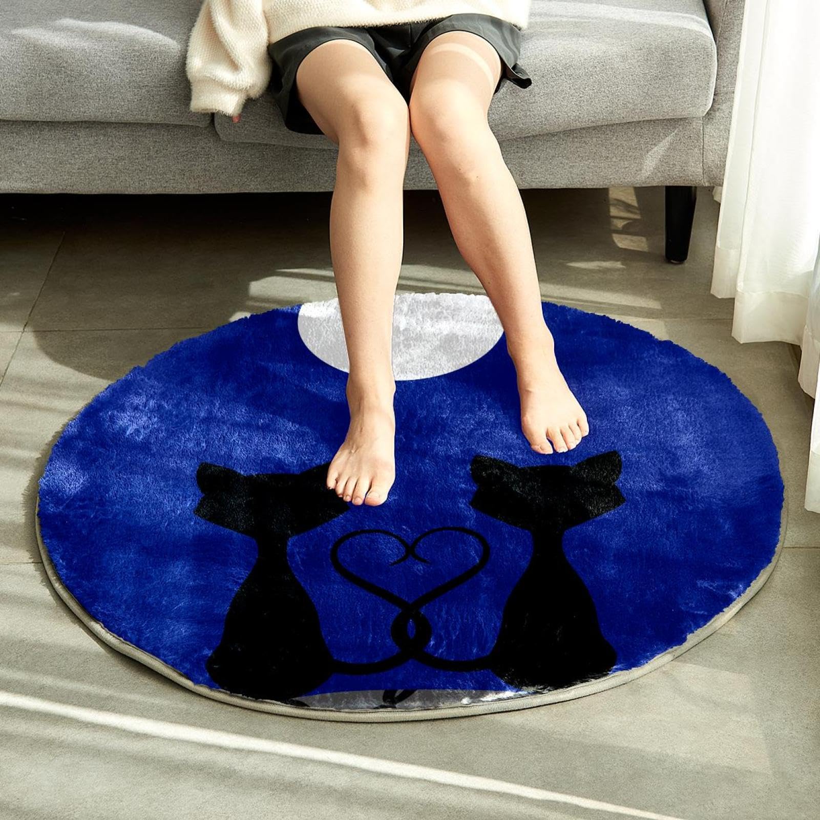 Tapis à poils longs doux et moelleux de 70 cm - Motifs de chats au clair de lune - Décoration d'intérieur moderne pour chambre à coucher, chambre d'enfant, salon