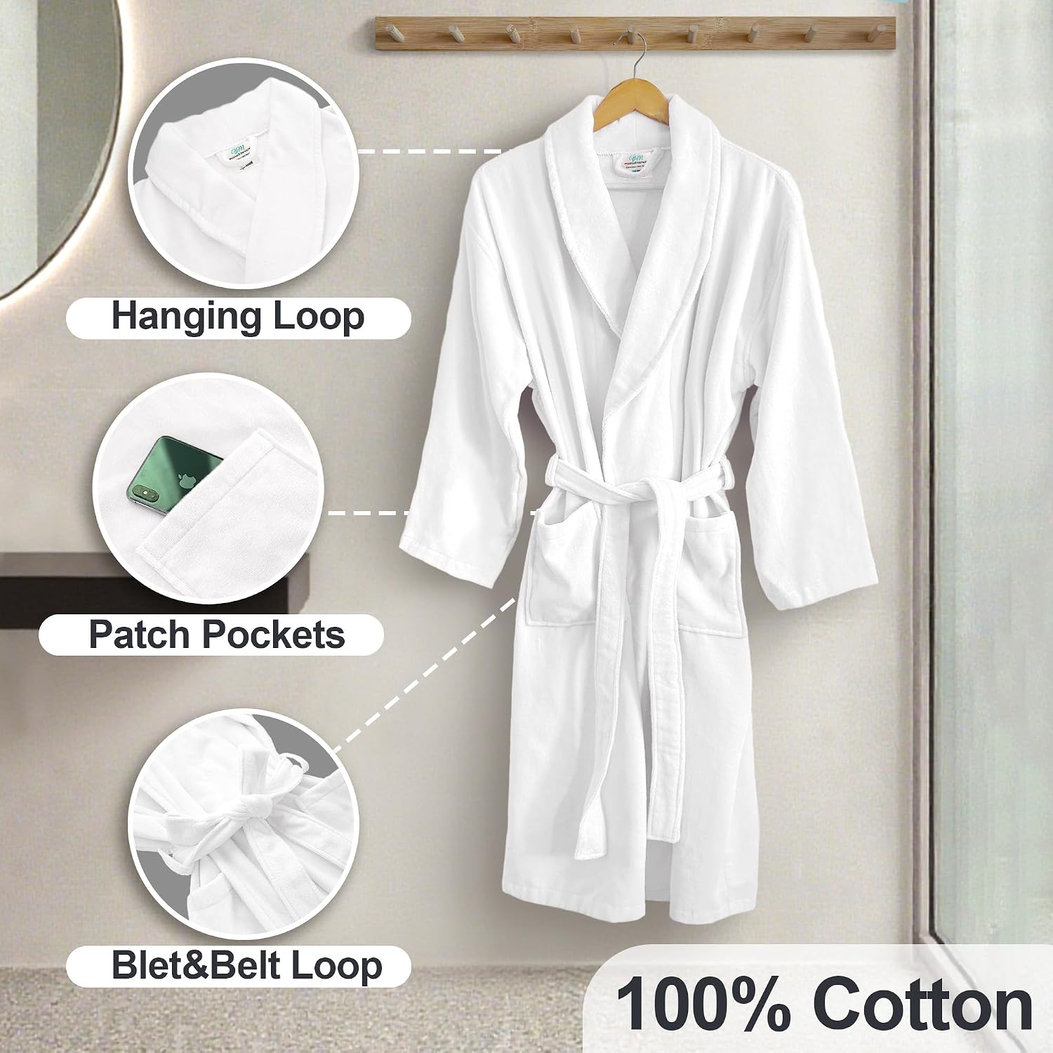 VOOVA & MOVAS Towel Robe for Men Women,Premium 100% Cotton Terry Shawl Collar Super Absorbent Unisex Bathrobe, Ideal Bathroom Robe,White