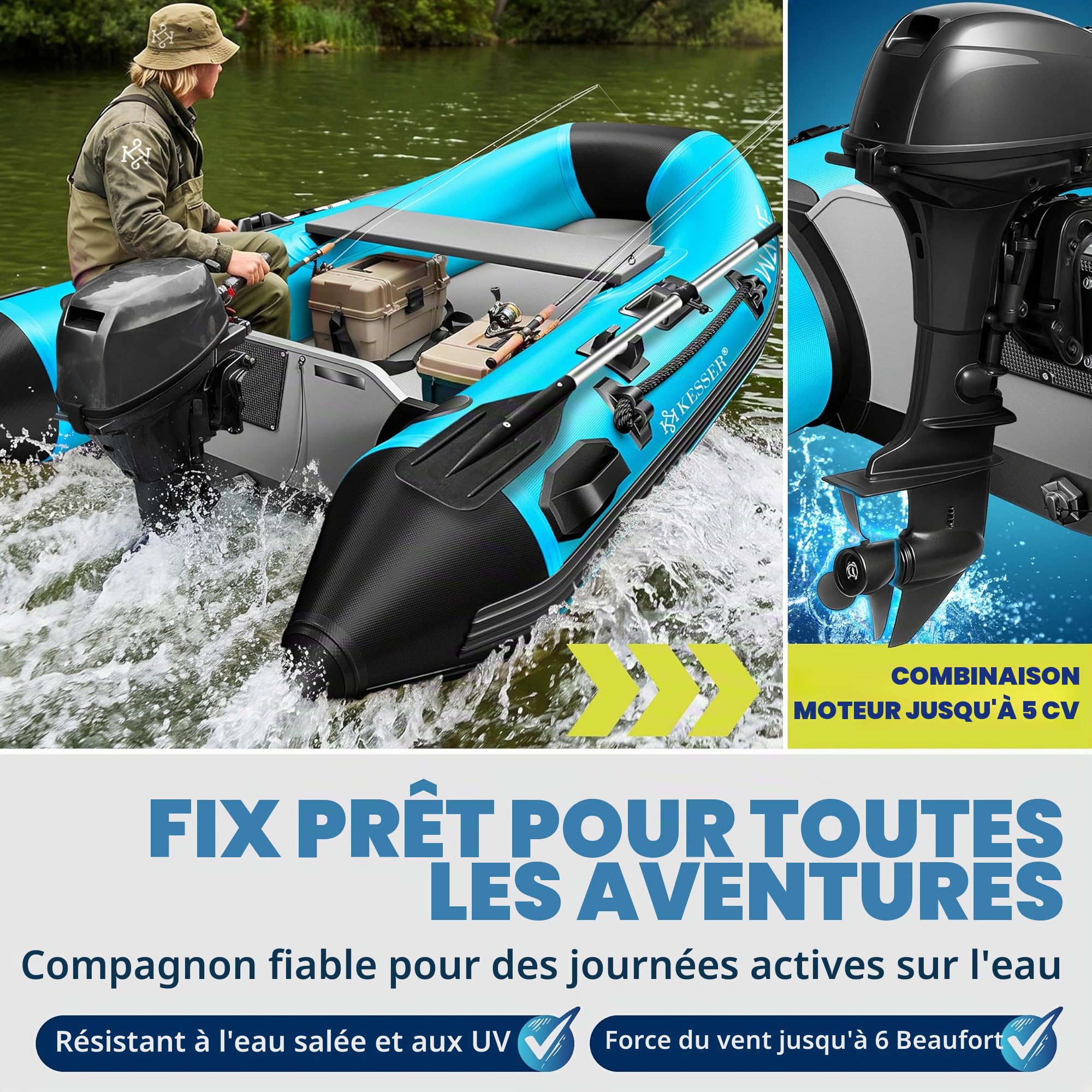 KESSER® Bateau gonflable Wave 230-380 cm Set de 6 pièces gonflables – Bateau + banc, pompe à air, pagaie, kit de réparation, sac, bateau de pêche, bateau à pagaie petit et grand – Combinaison moteur