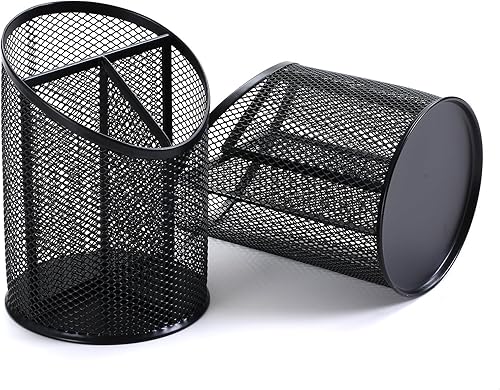 Miniatura 4 de Nicunom Paquete de 4 soportes redondos de malla de acero, organizador de escritorio de metal con 3 compartimentos divididos para escritorio,