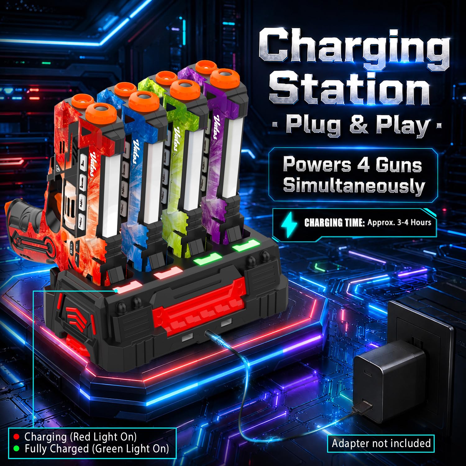 VATOS Set Laser Tag Rechargeable avec Base de Charge et Cartes Énergie, 4 Pistolets Laser avec Écran LCD et Synchronisation 2,4 GHz, Jeu Laser Intérieur/Extérieur pour Enfants, Ados et Famille