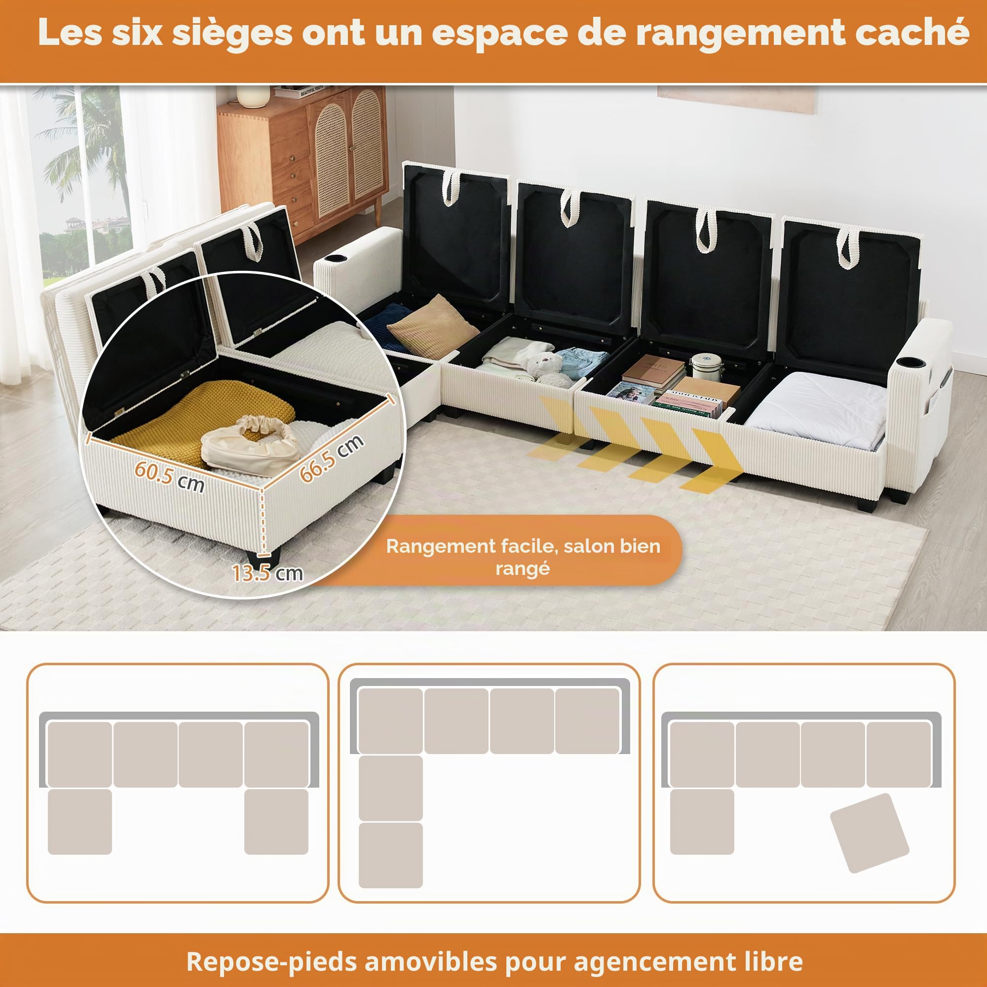 Canapé d’Angle Modulable en L/U 280 cm, 6 Places avec Repose-Pieds Amovible, Rangement, Porte-gobelet,Canapé Profond pour Salon, Meuble de Salon Moderne,canapé Convertible,Beige