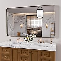 Vista 64 de Espejo de baño negro de 20x30 pulgadas con marco de metal negro, espejo de tocador rectangular redondeado con acabado mate para pared, con vidrio