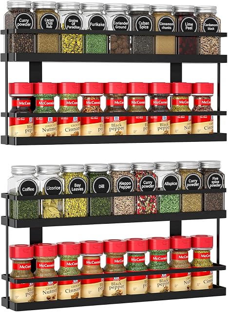 MEIQIHOME 4 Tier Spice Rack Organizer, Spice Shelf Storage Holder for Kitchen Cabinet Pantry Door Wall Mount, Countertop, Black