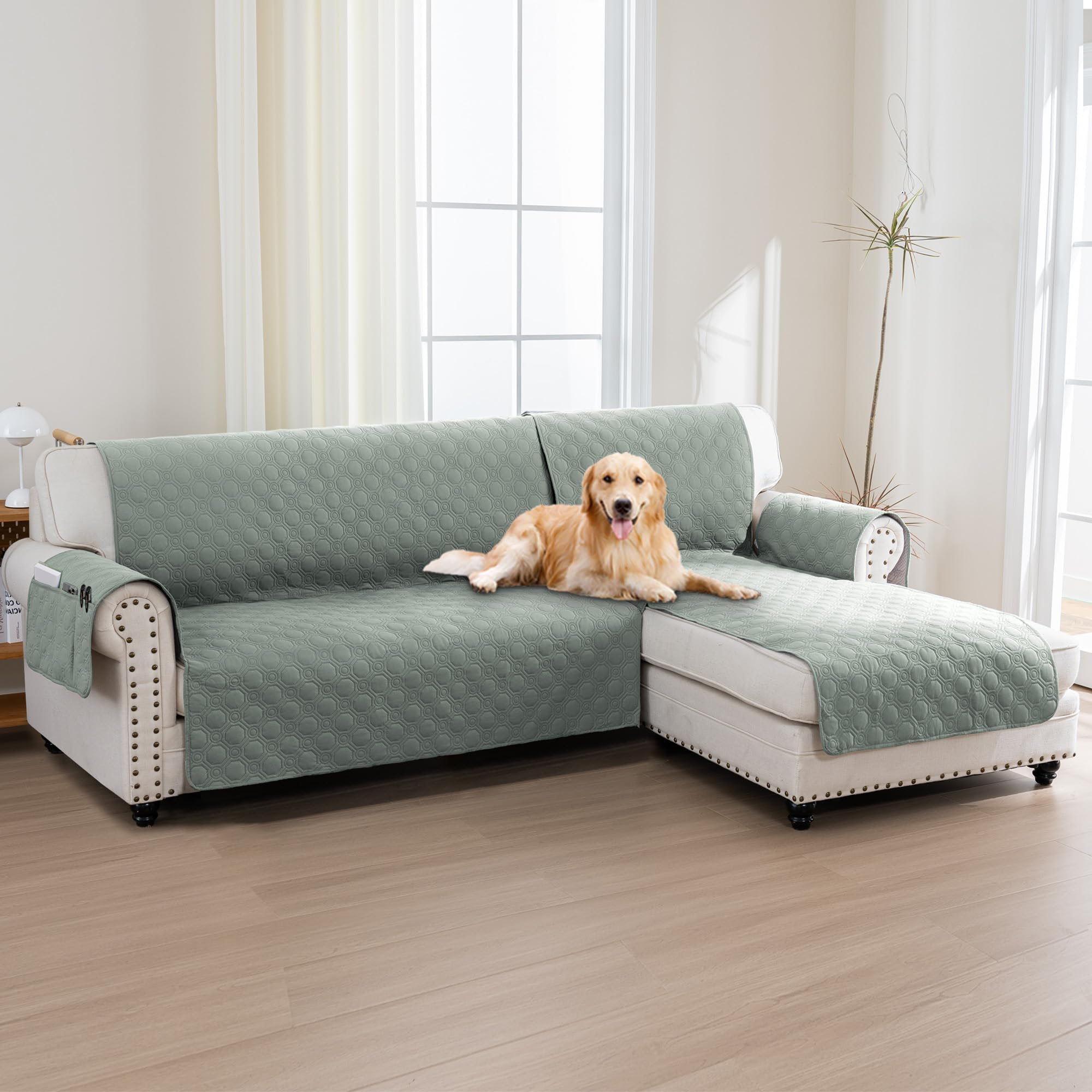 BellaHills 100% Waterproof Couch Covers for Sectional Sofa 2 Piece Sofa Covers Sectional Chaise Sofa Cover L Shaped for Dogs Non Slip (Right Chaise Lounge Cover + 3 Seat Sofa Cover, Brown) โ image 1