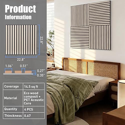 Miniatura 3 de Paneles de pared acústicos autoadhesivos de 22.8 x 22.8 pulgadas, paneles insonorizados con aspecto de madera de nogal, paquete de 4, paneles de