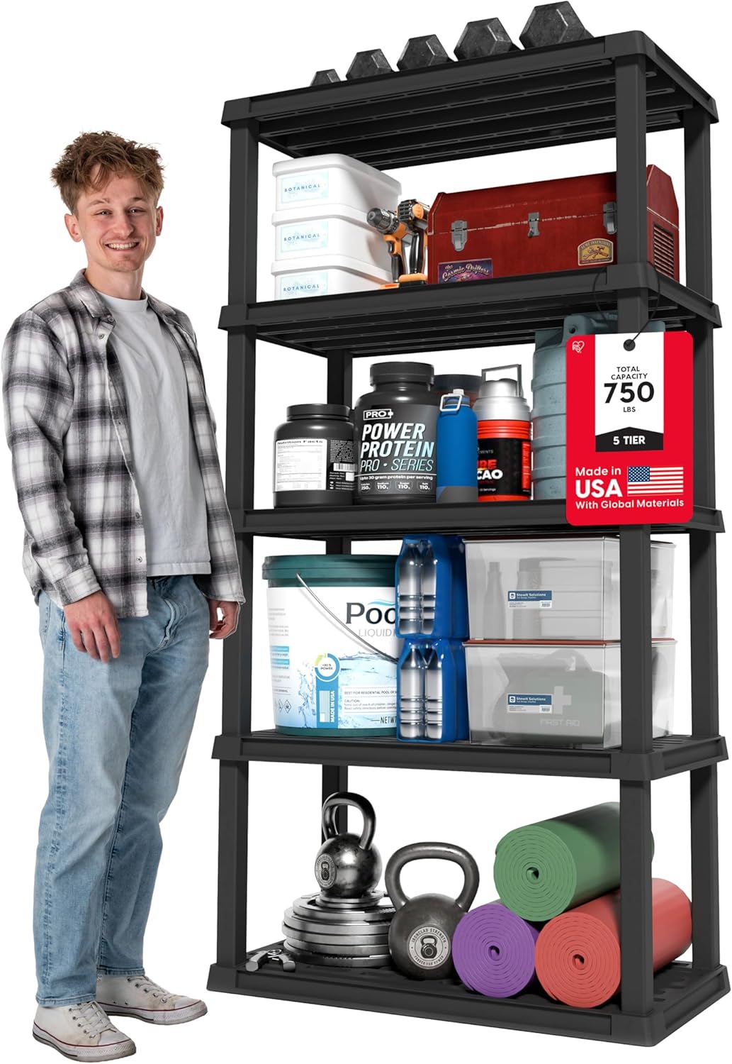 IRIS USA 4-Shelf Light Duty Plastic Storage Shelves, 200lb Capacity, 48" H x 24" W x 12" D, Medium Modular Shelving Unit Storage Organizer for Bathroom, Laundry, Garage & Home, Storage Rack - Black