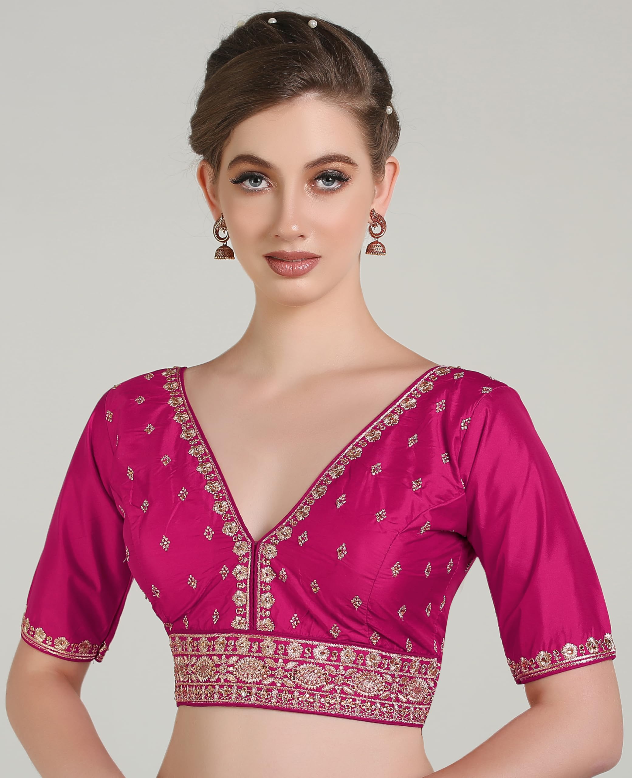 Pujia Mills Woman Readymade Ethnic Wear Deep V Neck Classic Butti Designer Half Sleeve Rani Blouse Online Embroidery Zari Work With Diamond Work Border Sadi Blouse