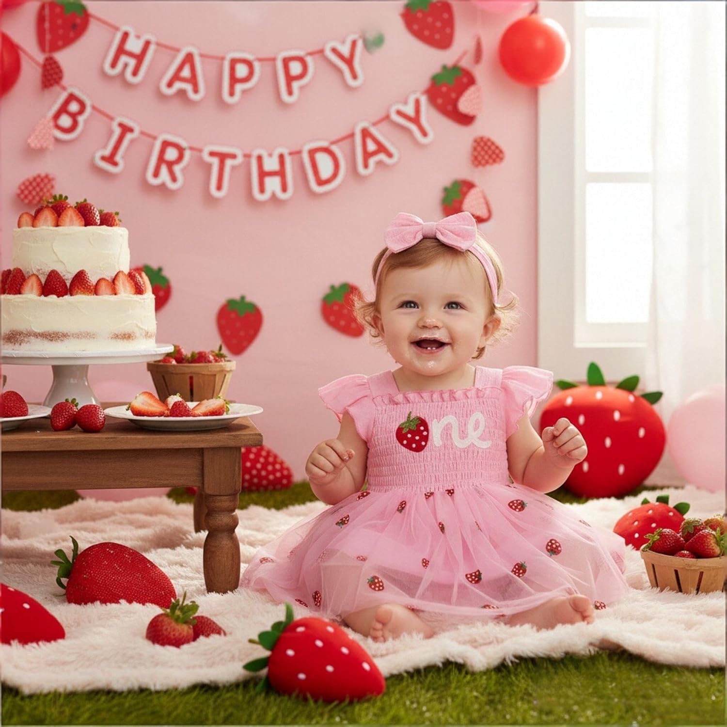 ODASDO Baby Girls First Birthday Outfit Sqaure Neck Ruffle Fly Sleeve Tulle Tutu Romper Dress with Bowknot Headband