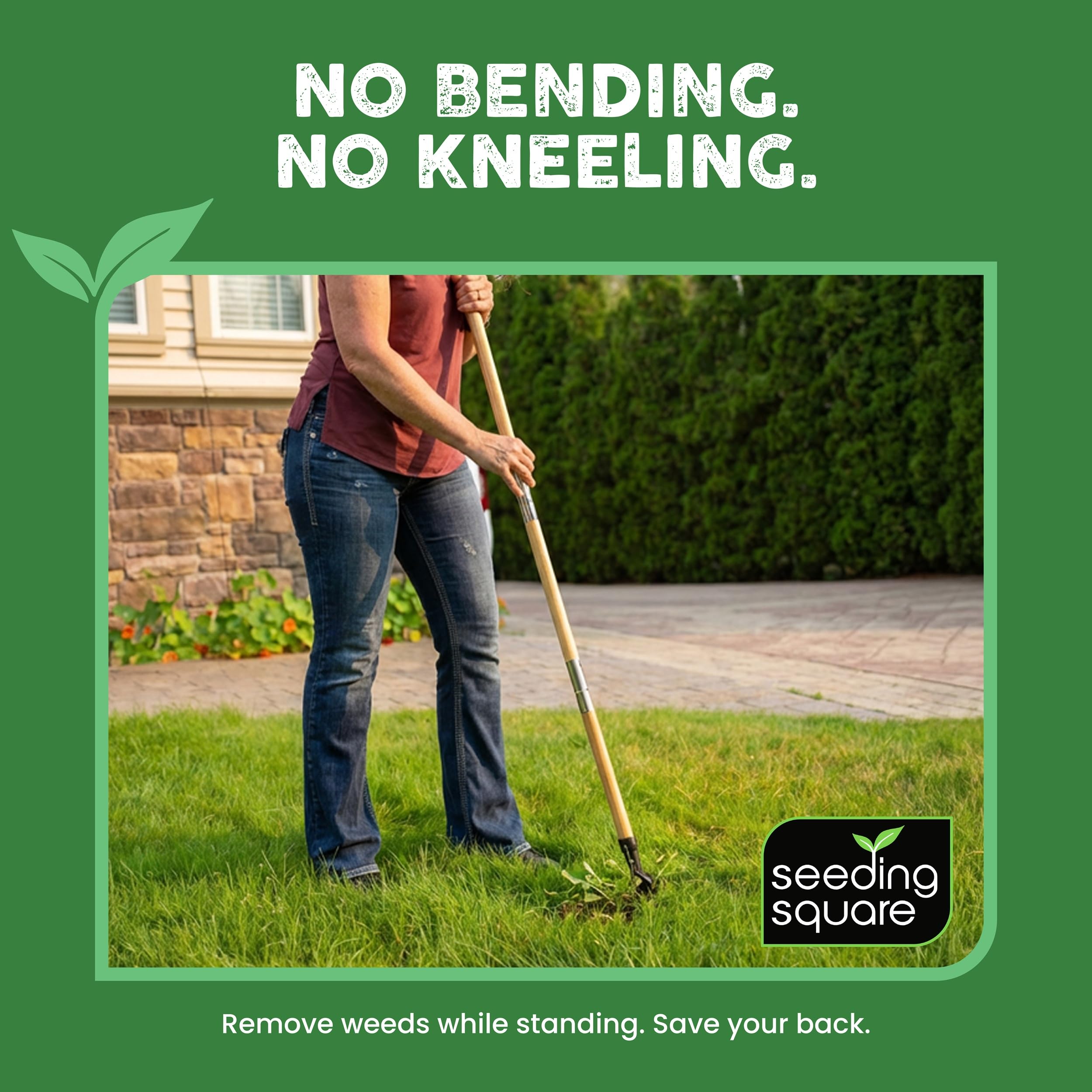 Seeding Square The Weed Gobbler Carbon Steal & Bamboo Stand-Up Unkrautentferner Werkzeug für Löwenzahn und einwurzelige Unkräuter - Ergonomischer Rasenjäter für rückenschonende Unkrautentfernung