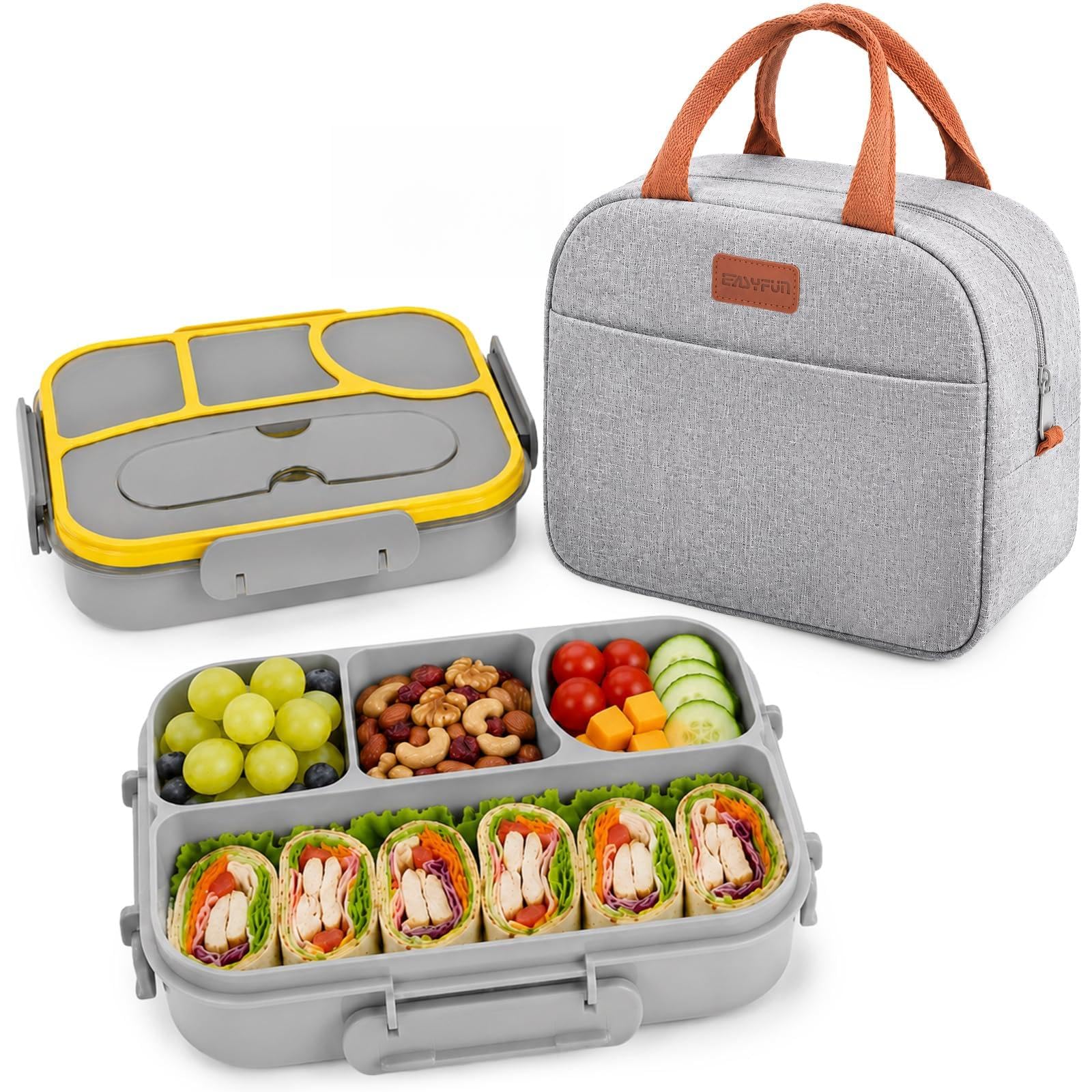Lunch Box Set Bento Box, 4-Compartment Lunch Containers,High Capacity Lunch Tote Bags for Work, Travel, Outdoor (Grey)