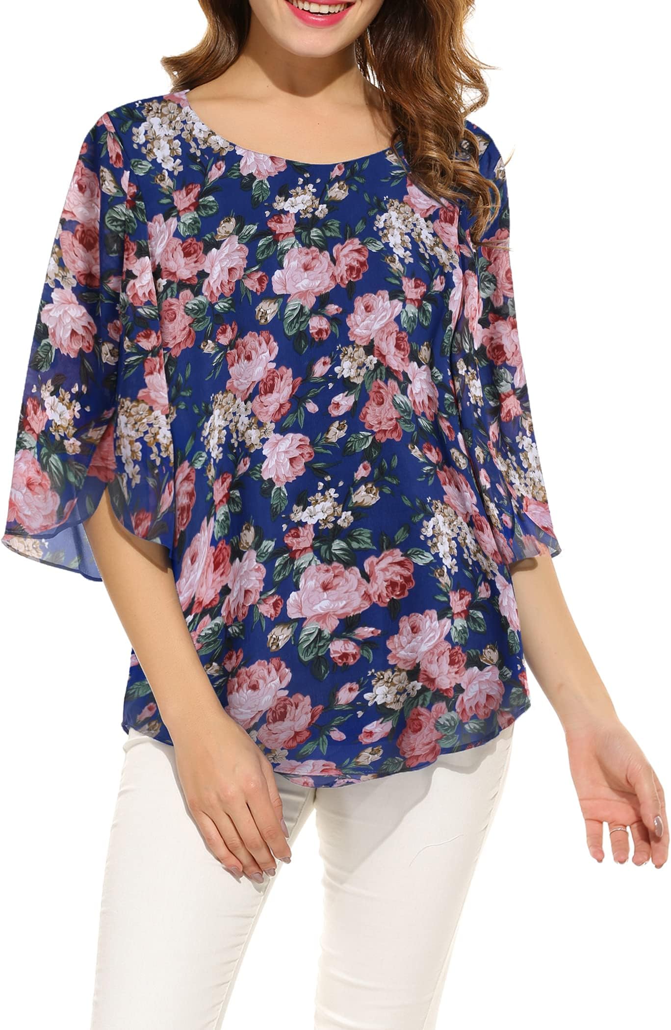 Womens Casual Scoop Neck Loose Top 3/4 Sleeve Chiffon Blouse Shirt Tops