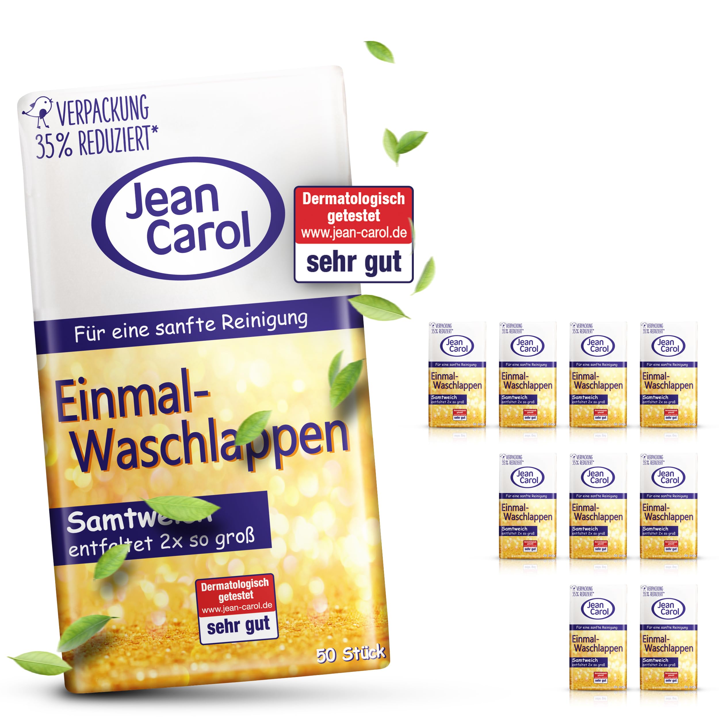 Jean Carol Samtweich Einweg Waschlappen Vorteilspack (10 x 50) trockene Pflege-Tücher für zuhause & unterwegs