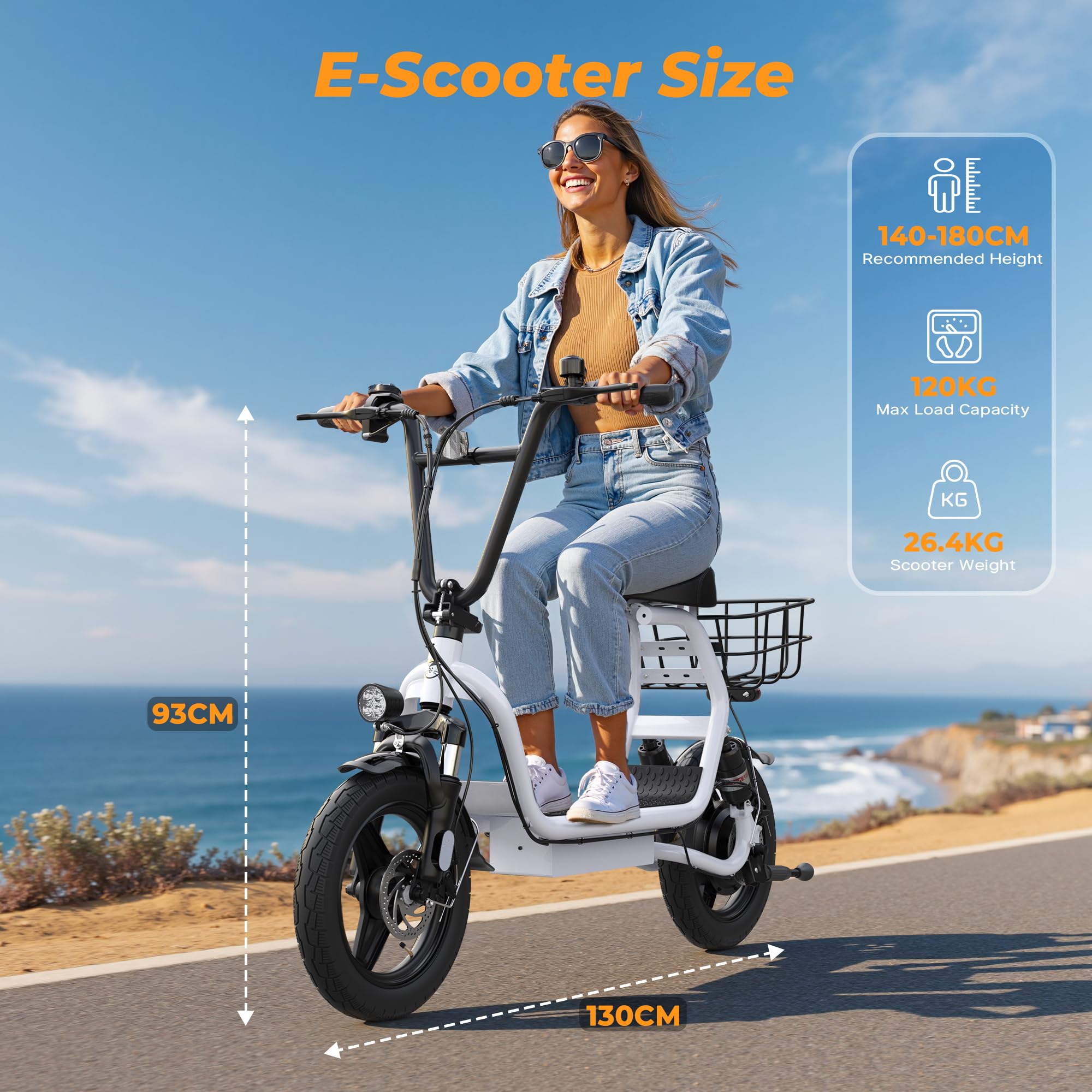Electric Scooter for Adults with Seat- Peak 750W Motor,Foldable E-Scooter with Back Basket,14" Tire E Scooter with 48V 7.8AH Battery Up to 20MPH &32KM/h Range,Adults Ebike for Commuting Pets & Cargo — view 4