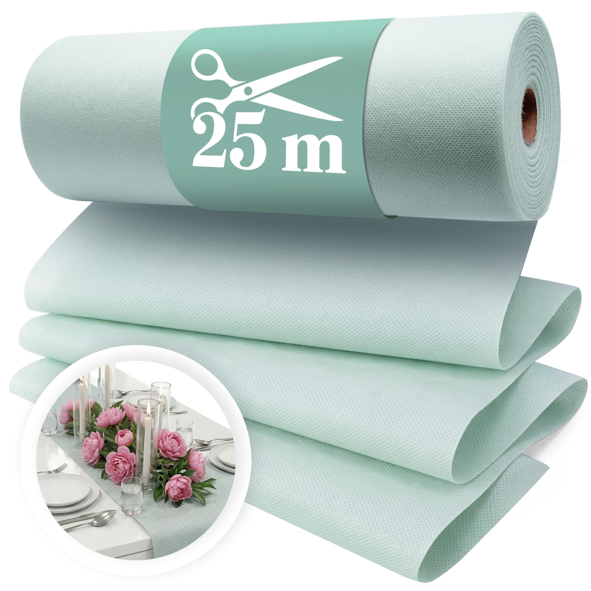 Vlies Tischläufer Eukalyptus [30cm x 25m] - Einweg Tischband als edle Tischläufer Tischdeko für Hochzeit, Kommunion, Taufe, Geburtstag, Weihnachten und Biertisch Feste