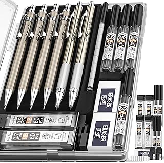 Nicpro 6 PCS Art Mechanical Pencils Set, Metal Artist Drafting Pencil 0.3 & 0.5 & 0.7 & 0.9 mm & 2 PCS 2mm Graphite Lead Holder(4B 2B HB 2H) For Writing Sketching Drawing With Lead Refills Eraser Case