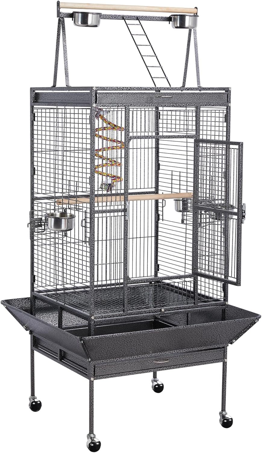 69in Play Top Parrot Cage Wrought Metal Rolling Bird Cage wtih Industrial Wheels Feeding Bowls Perches & Bungee Rope, Black