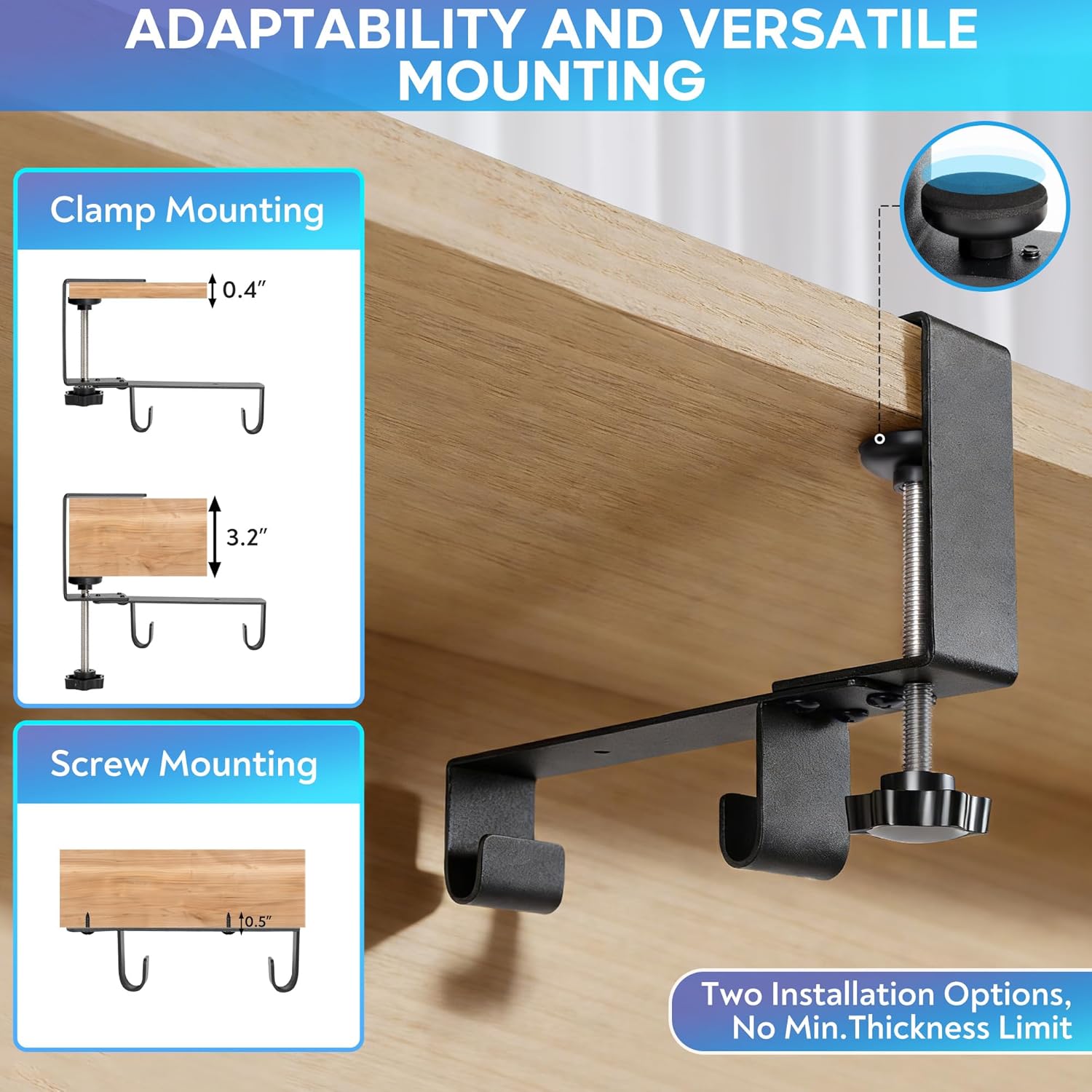 Fabric Under Desk Cable Organizer - Cord Organizer for Desk with 20-Piece Cable Management Kit, Easy Clamp or Screw Mount for Standing Desk Cable Management, Mesh Ventilation Slot