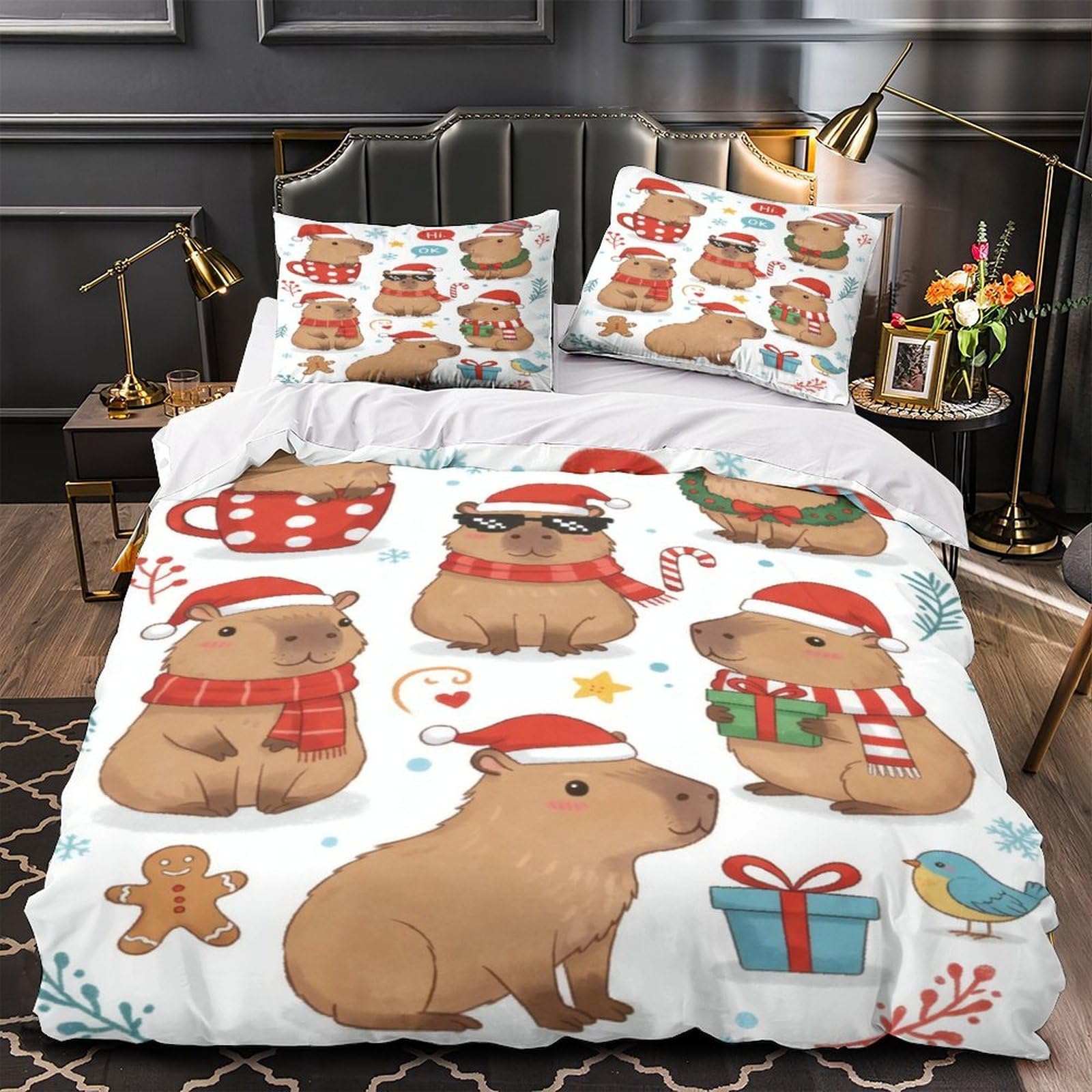 MMDASBVPE Capybara Christmas Quilt Cover 3D Print Super Soft 3 Pcs Bedding Set Hidden Zipper Comforter Cover Ultra Soft Wrinkle-Resistant for Teens Adults Women Kids Girls Boys King（220x240cm）