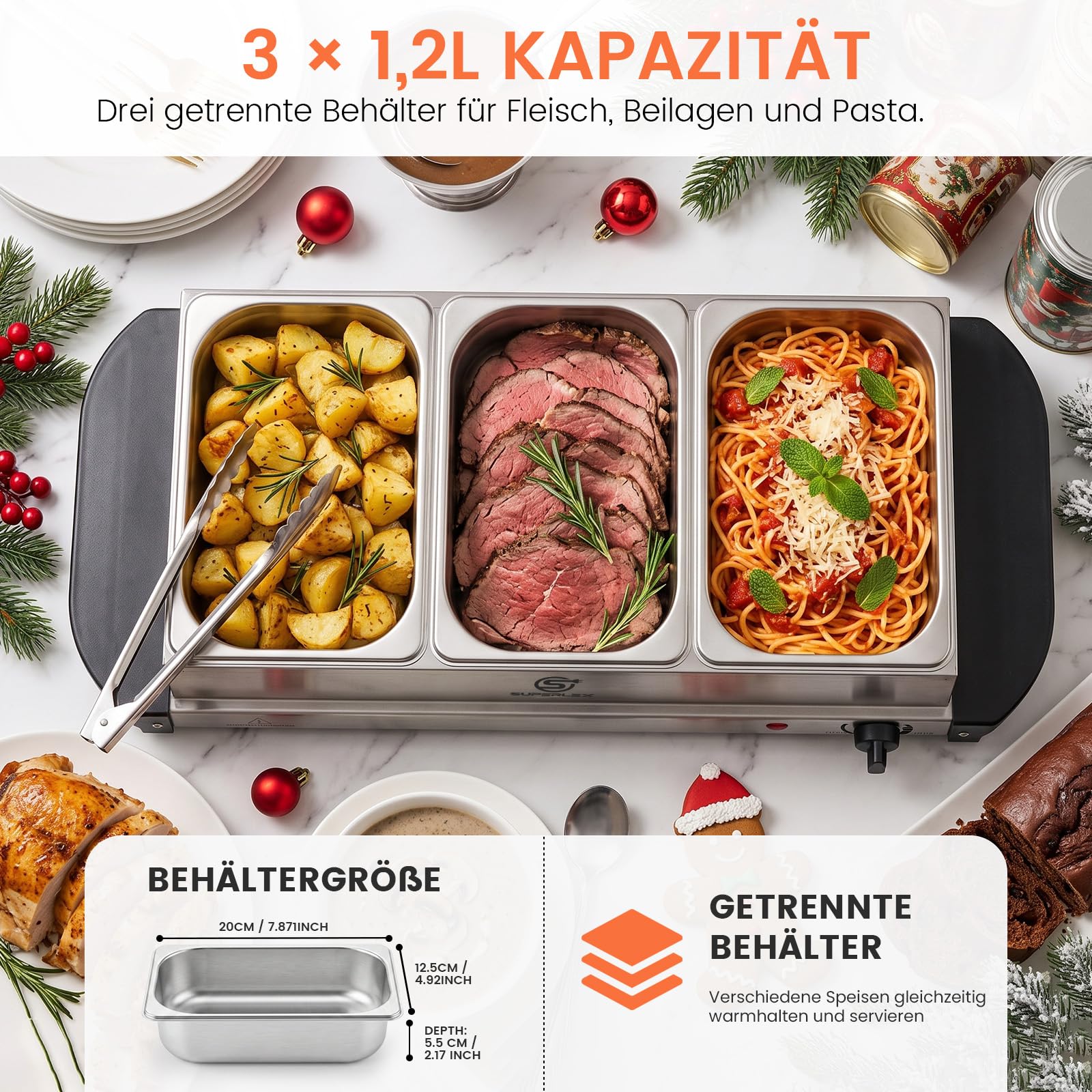 2in1 Warmhalteplatte und Buffetwärmer aus Edelstahl 200W mit 3x1,2L Speisebehältern Gleichmäßige Wärme Speisewärmer für Buffets Partys Familienessen Catering Events Kompakt Leicht Reinigung