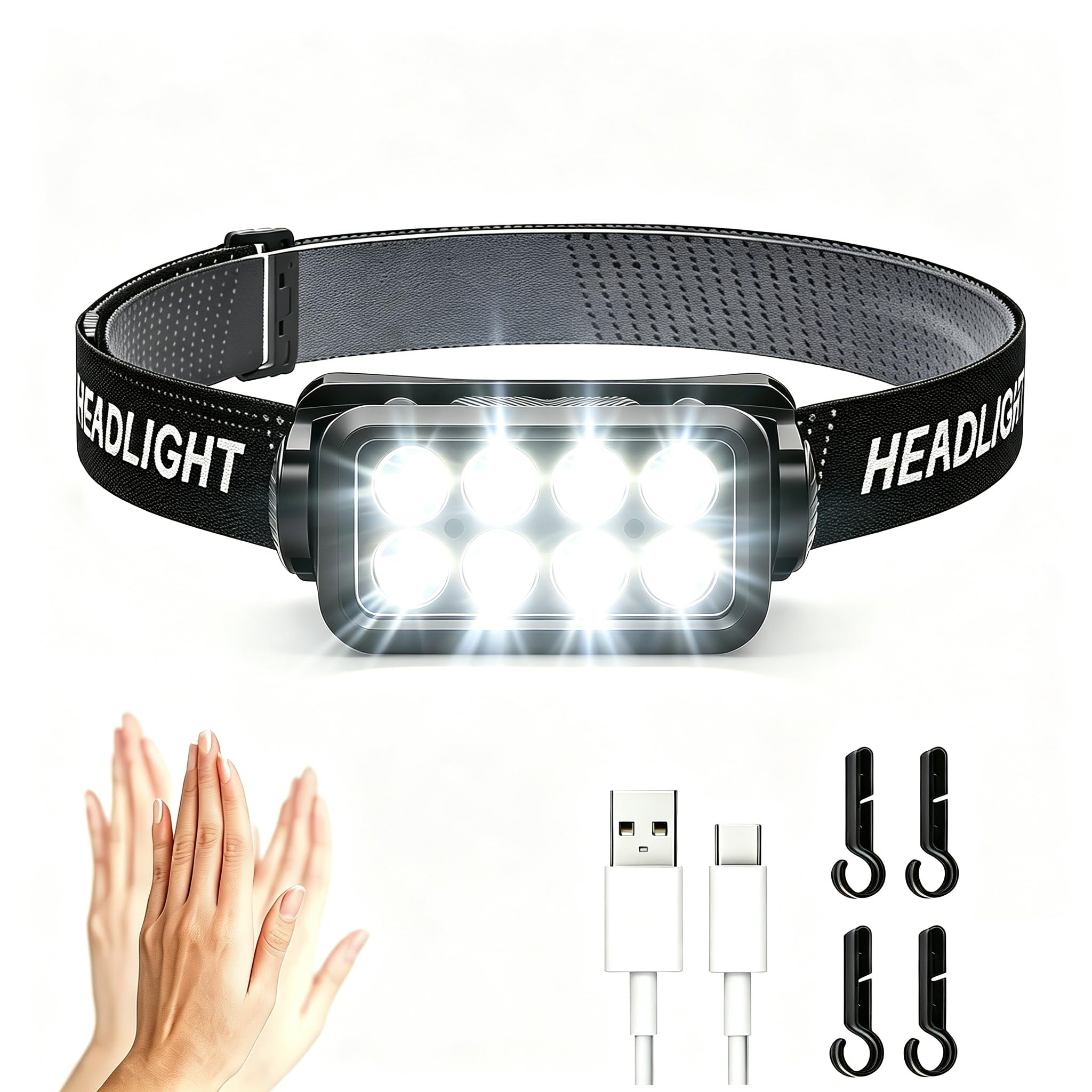 Lampe frontale de camping lumineuse, 120 ° réglable à 120 ° avec détecteur de mouvement, 5 modes, lampe frontale rechargeable USB de type C pour randonnée, course, réparation, pêche, cyclisme