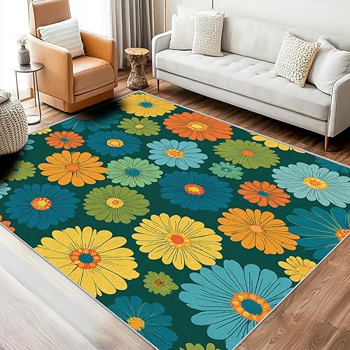 Retro Floral Large Rug 6x9 Rugs Colorful 70s Flower Area Rug, Cute Carpet Home Room Decor Rugs for Living Room Bedroom Kitchen Dorm Classroom Indoor