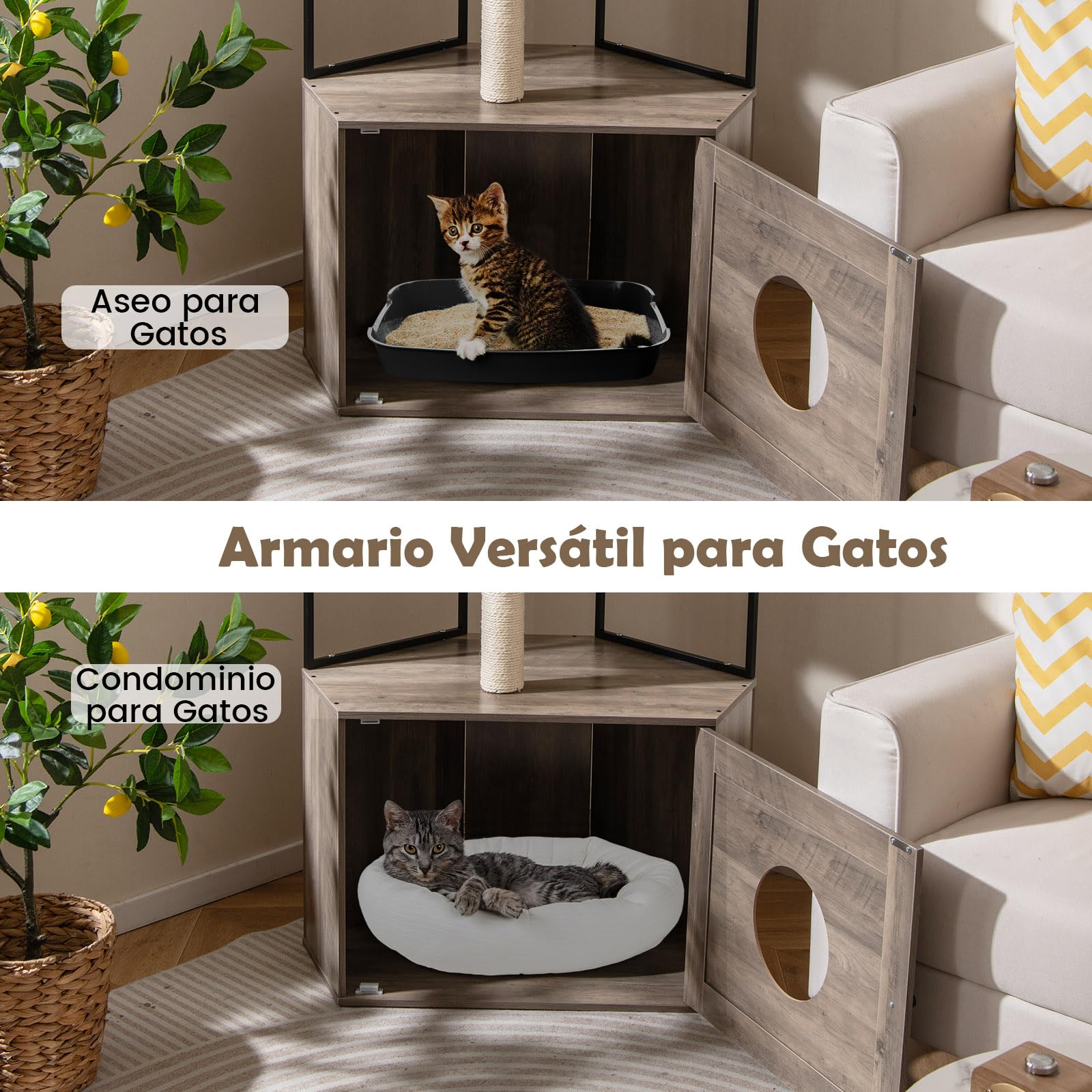 COSTWAY Árbol Rascador con Arenero para Gatos, Mueble para Gatos con 2 Postes Rascadores, 3 Alfombras, Agujero, Marco Metálico, Bola Colgante, Casa para Gatitos de Madera, 80 x 48 x 145 cm, Marrón