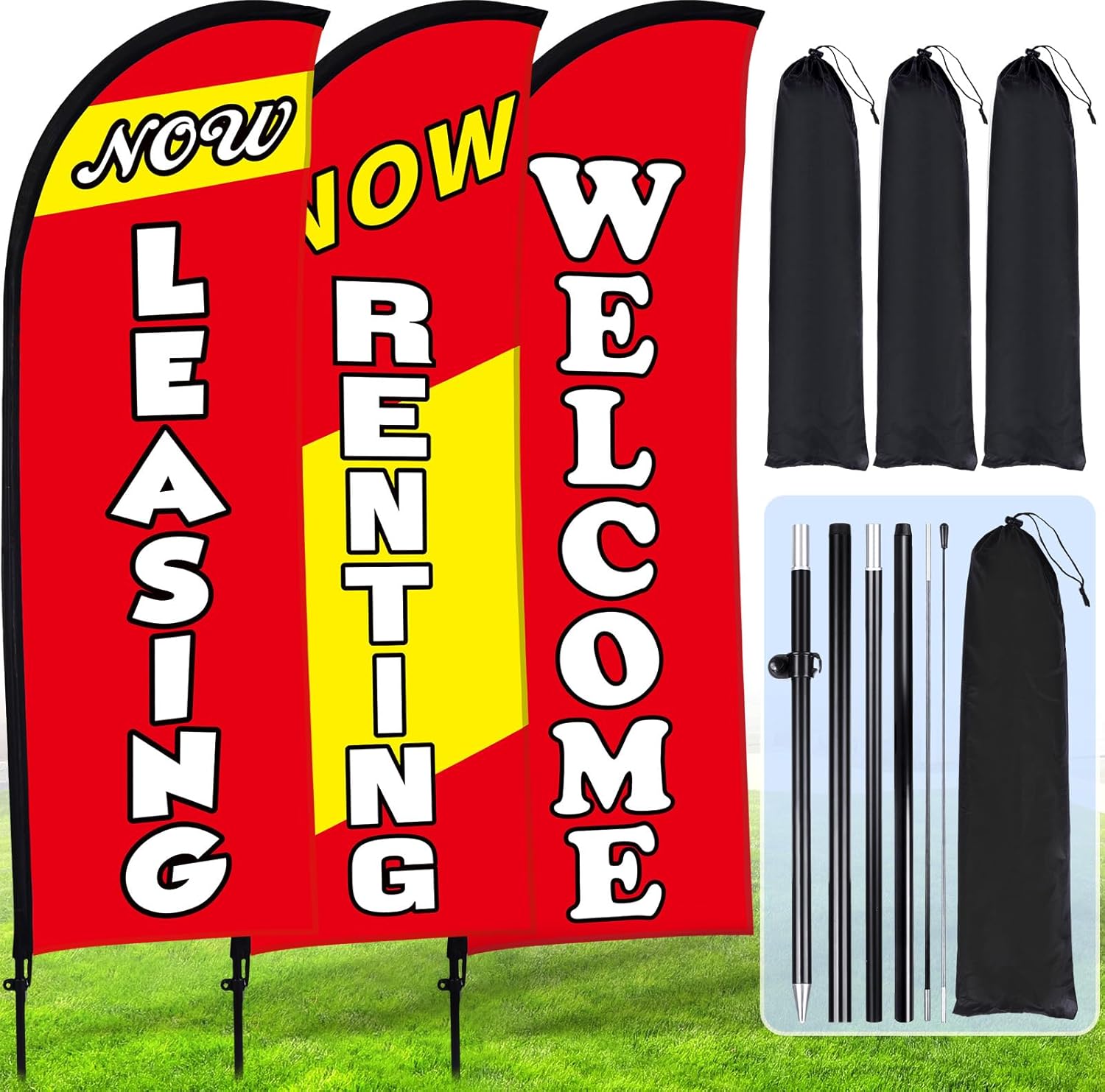 Buryeah 3 Set Feather Flag Kit Now Leasing Now Renting Welcome Swooper Flag with Pole Ground Stake and Bag 7 ft Leasing Sign for Advertising Renting Welcome Banner for Outside Ground(Red)