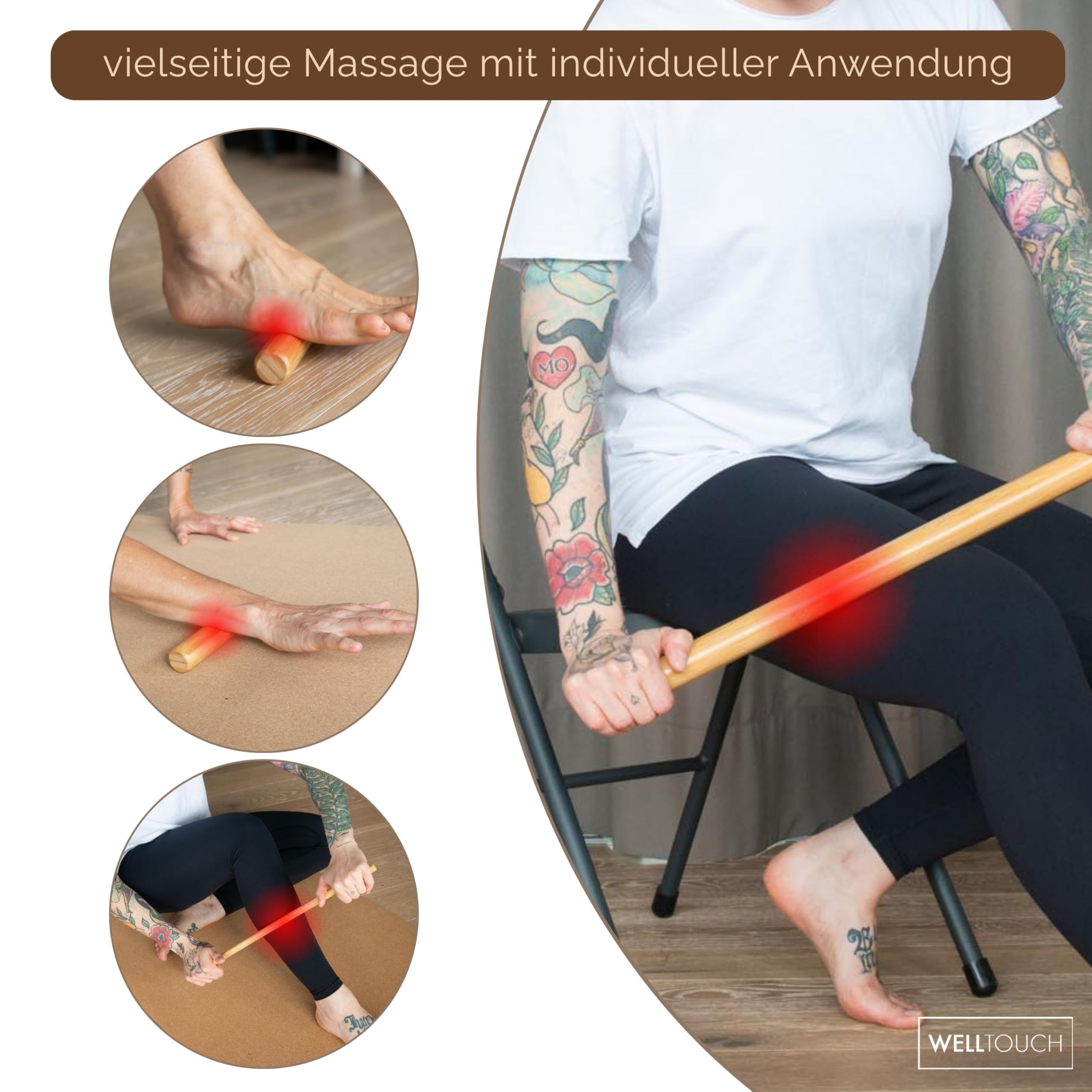 WellTouch Bâtons de massage en bambou, jeu de 11 pièces, pour la thérapie de massage aux bambous, soulage les tensions musculaires