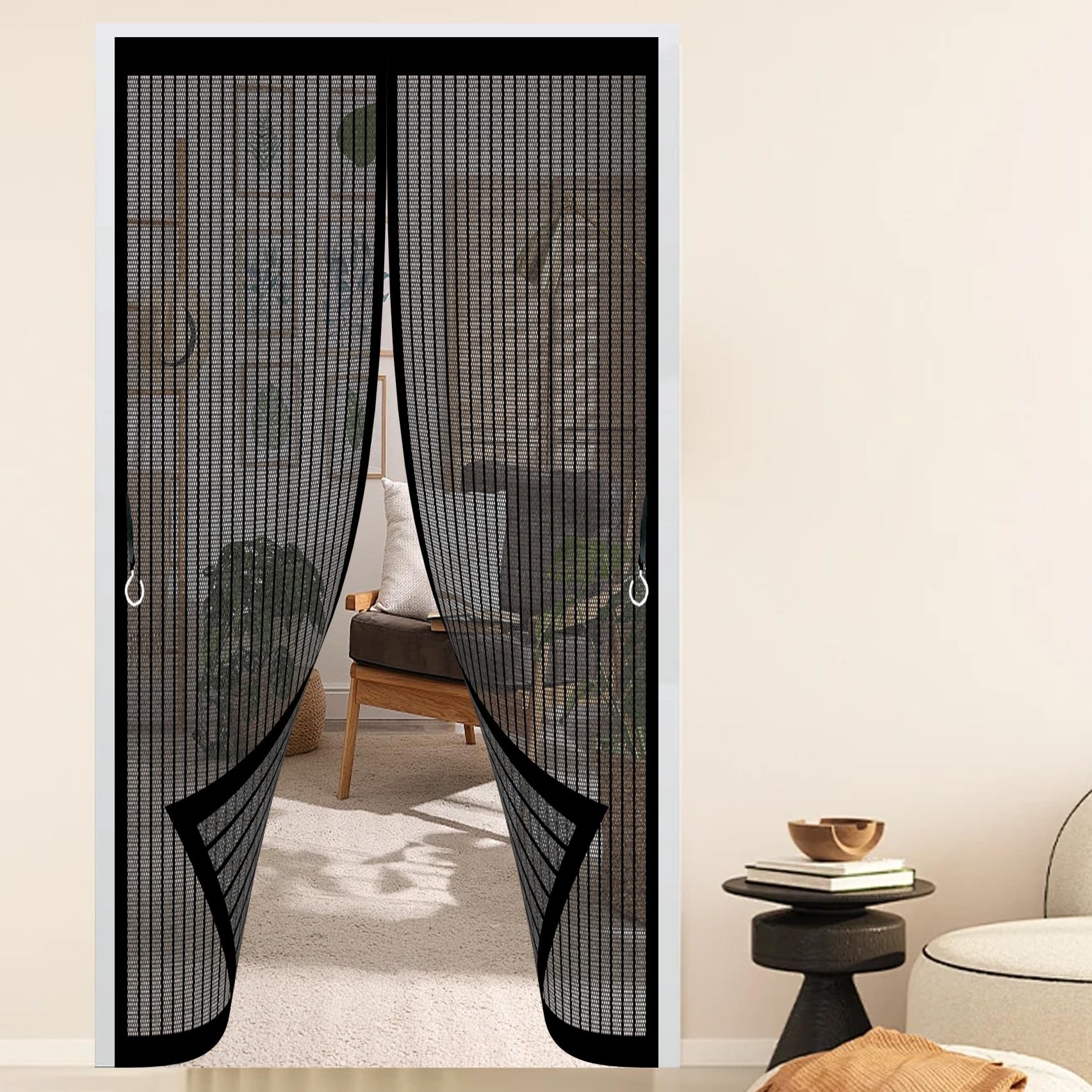 Xueqxue Black Fly Nets For Doors 206 X 188 Cm With Powerful Magnets & Full Frame Magic Tape No Gap, Lets Fresh Air In, Keep Bugs Out Magnetic Thermal Door Curtain For Patio Doors Bedroom,