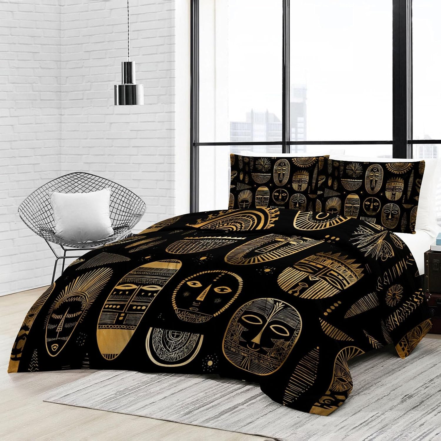 Queen Size Comforter Sets for Kids Adults, Bedding Set 3pcs African Tribal Symbols Shapes Quilt Set Seasons Soft Fluffy Duvet Insert with 2 Pillowcases, Black