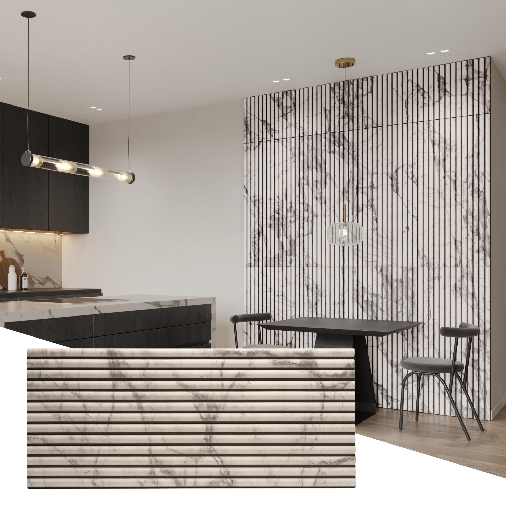 Wall!Supply 3D Wall Panels – Faux Marble Round Slatted – Home Decor Wallpaper Alternative for Living Room, Bedroom &amp; Office – Easy DIY Installation – 4 Pack, Covers 24.96 Sq Ft