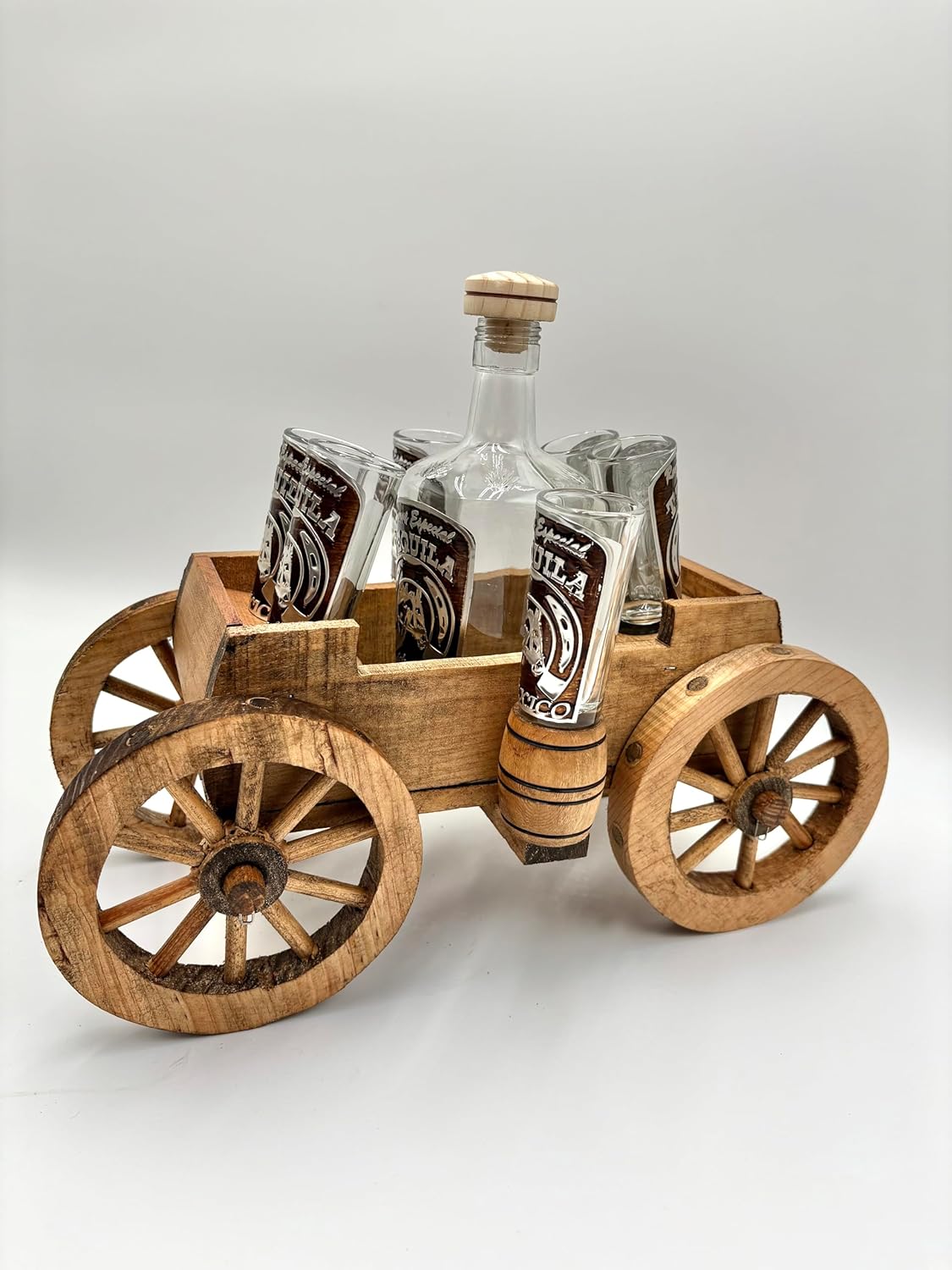 Rustic Wooden Wagon Tequila Decanter Lisa Set with 6 Shot Glasses, Decorative Cart Display Stand