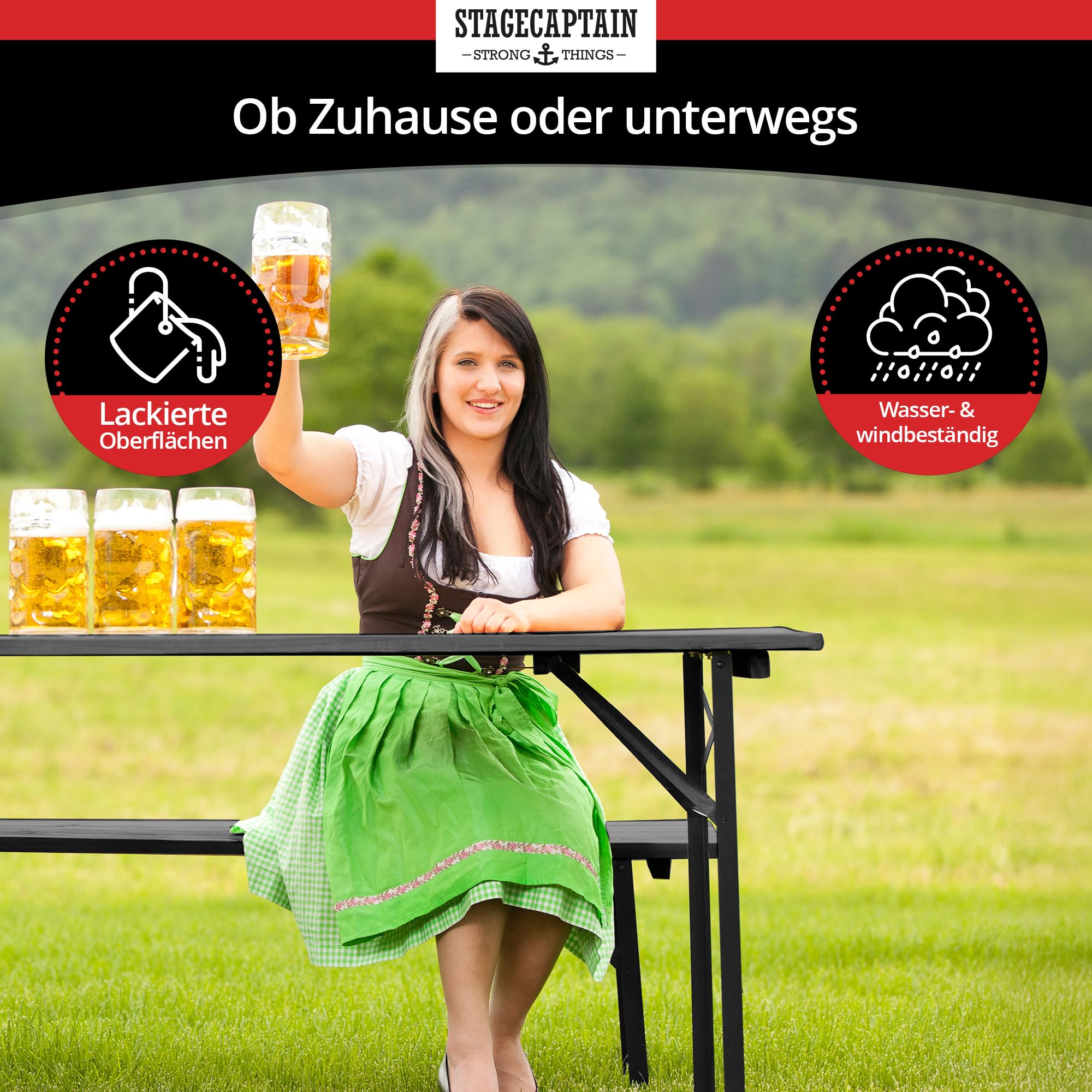Stagecaptain BBEU-110GY Hirschgarten Bierzeltgarnitur für Balkon - Kurze Version mit 110 cm Länge - Klappbare Festzeltgarnitur 2X Tisch 4X Bank - Sitzgarnitur aus Holz - Innen & Außenbereich - Grau