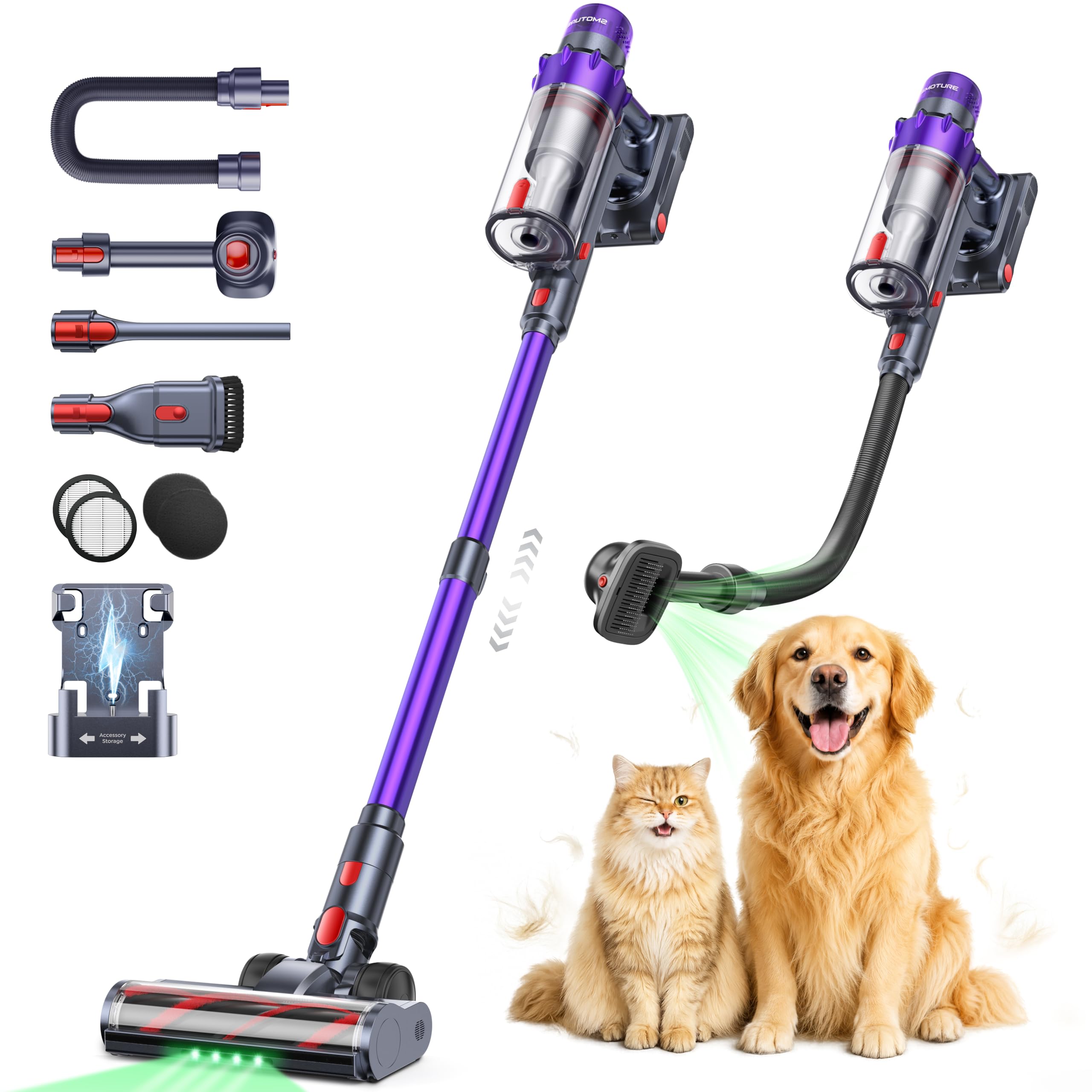 55KPA/650W/70Min(ECO) Aspiradora sin Cable, Aspiradora Vertical con Cepillo para Mascotas, Manguera 1.5M, Modo Automático,Cepillo Anti-Enredo, Luz Verde, Fragancia para Pelo de Mascota, Alfombras