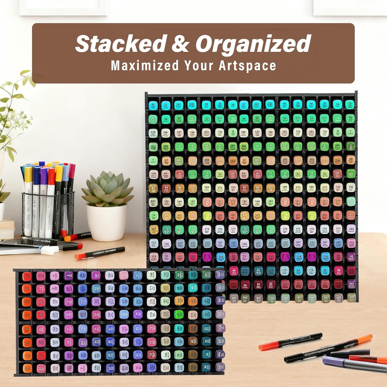 Marker Organizer,240-Slots Marker Holder with Adjustable Divider, Desk Markers Storage Organizer for Pens Colored Pencils Art Brushes Home Office Art Room and Classroom