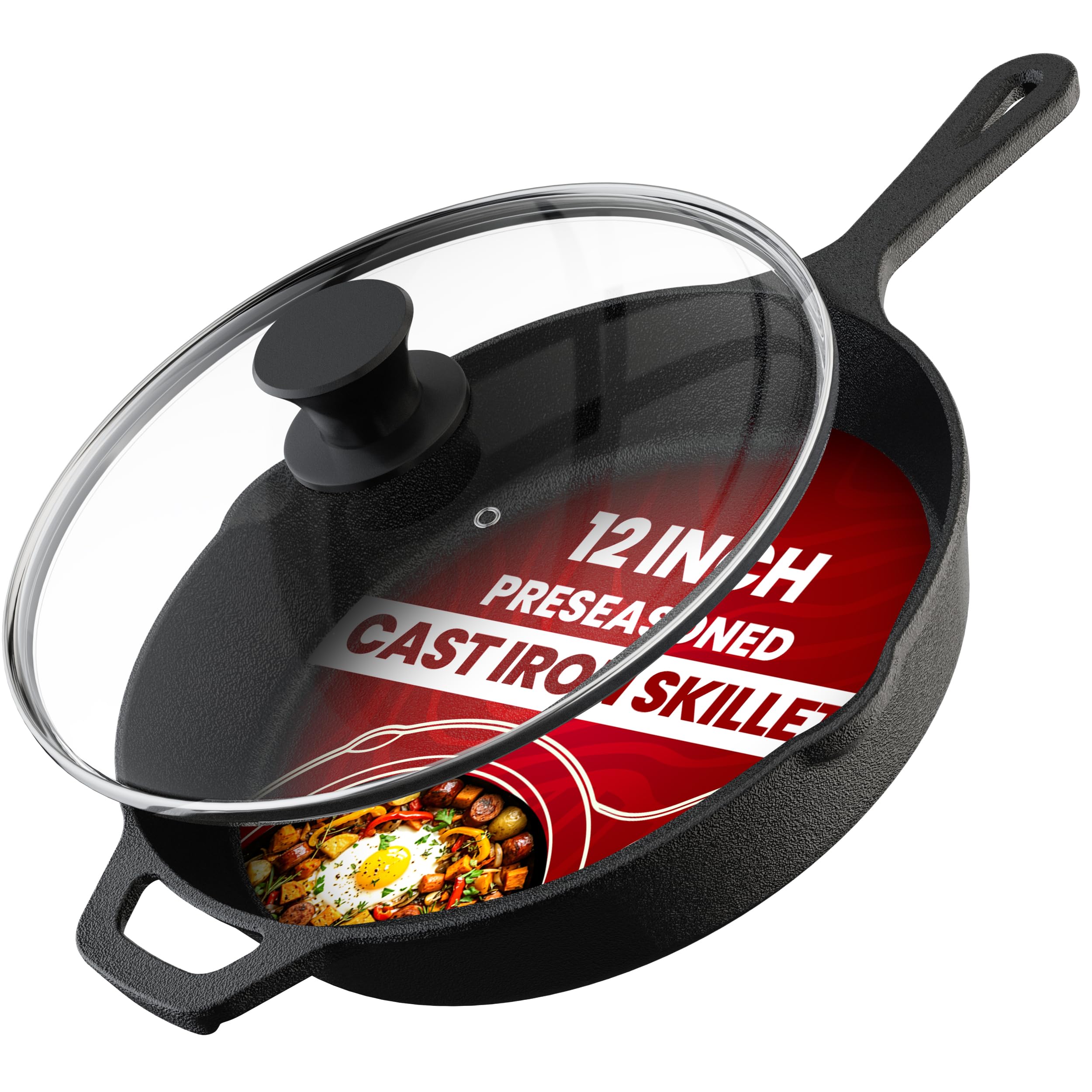 Utopia Kitchen Cast Iron Skillet 12 Inch with Lid Chefs Frying Pan Black | Chefs Pan, Pre Seasoned Skiller, Indoor and Outdoor Use, Grill Safe Cookware, Even Heat Distribution, Durable